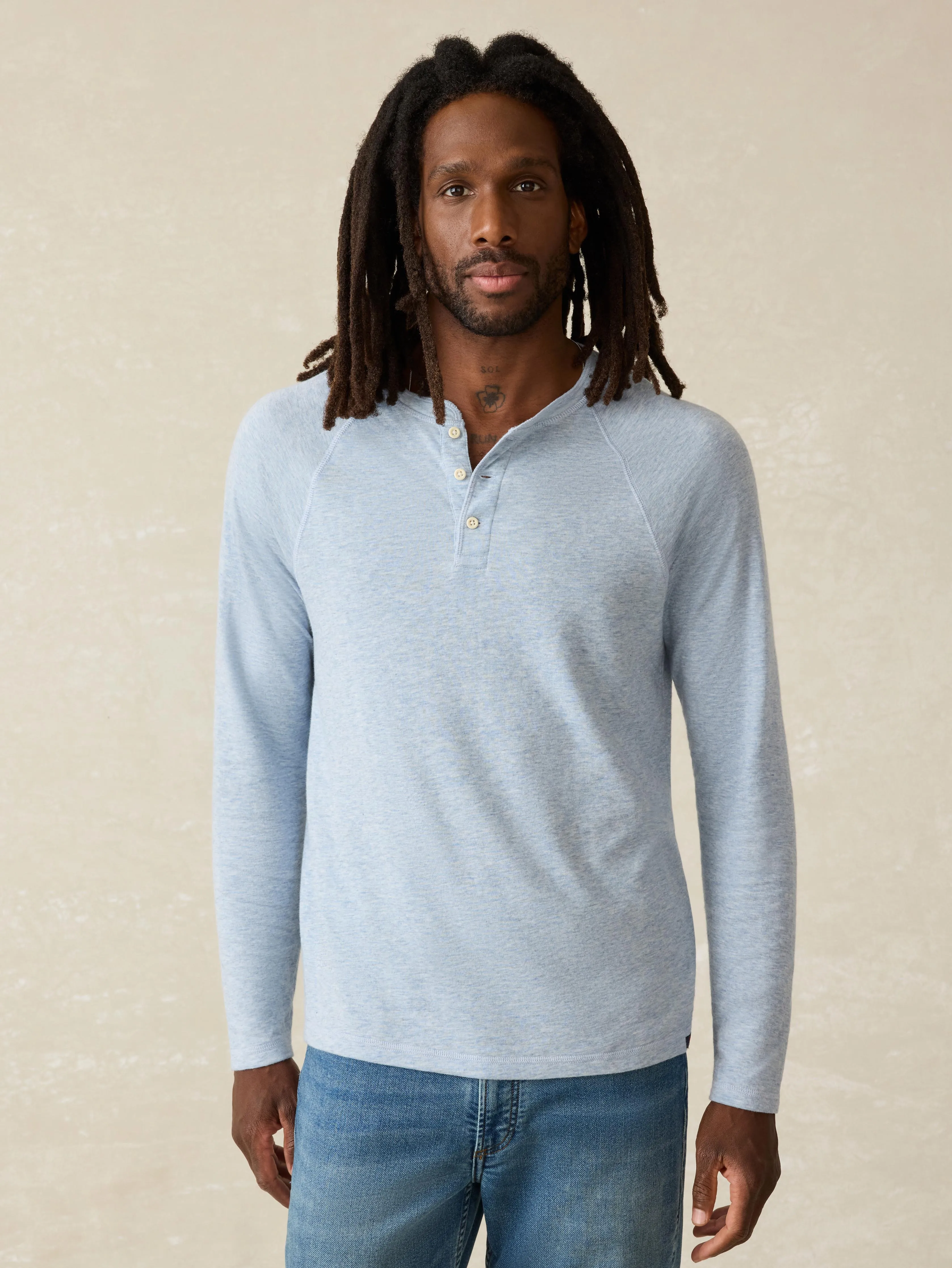 Long-Sleeve Cloud Henley - Light Blue Heather sold by Faherty