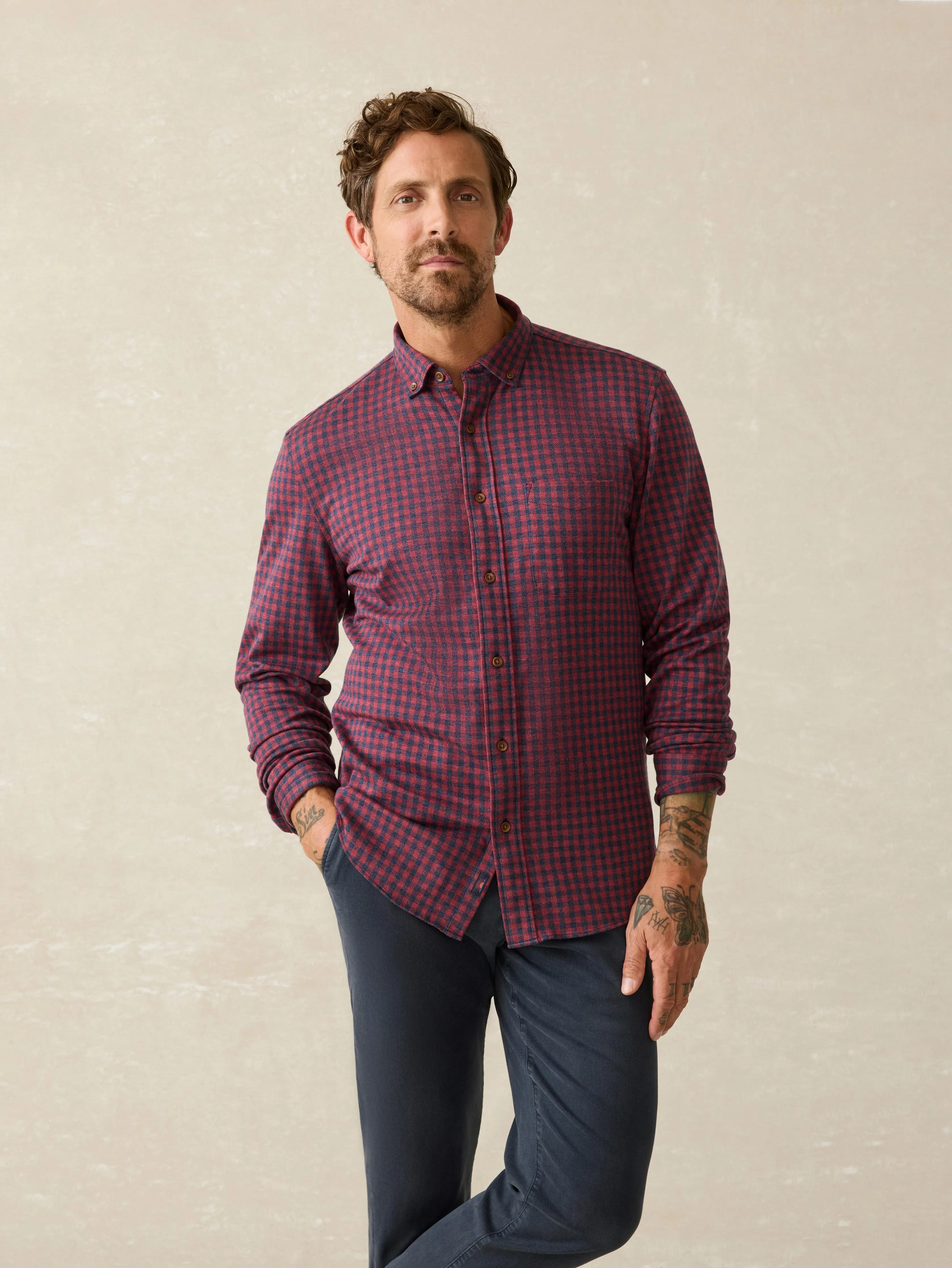 Coastline Knit Shirt - Navy Red Gingham sold by Faherty
