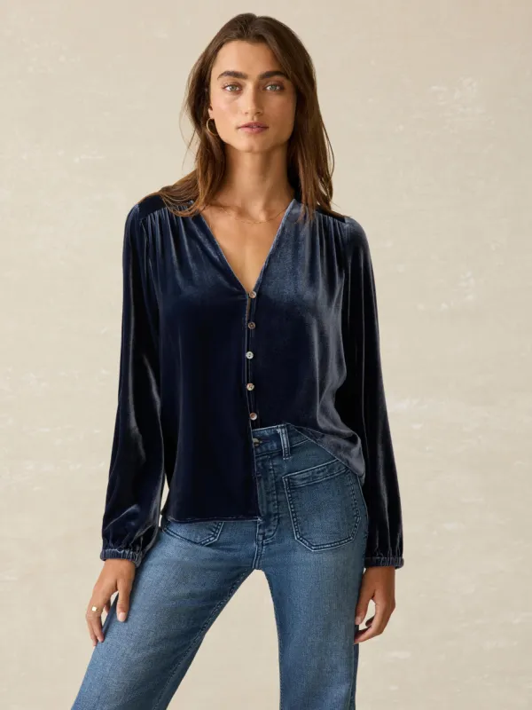 Stretch Silk Velvet Rowan Top - Navy sold by Faherty