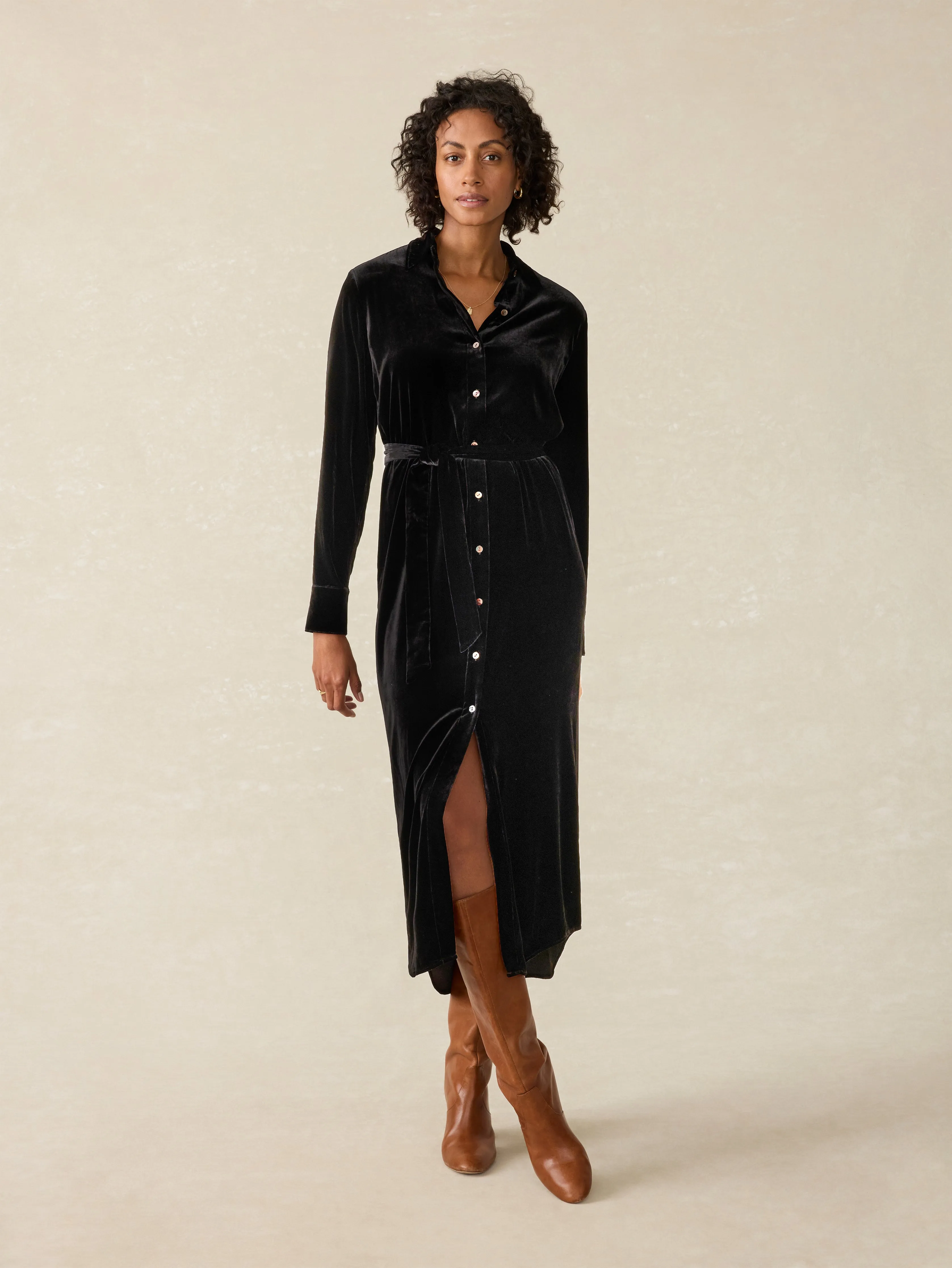 Stretch Silk Velvet Riley Midi Dress - Black sold by Faherty