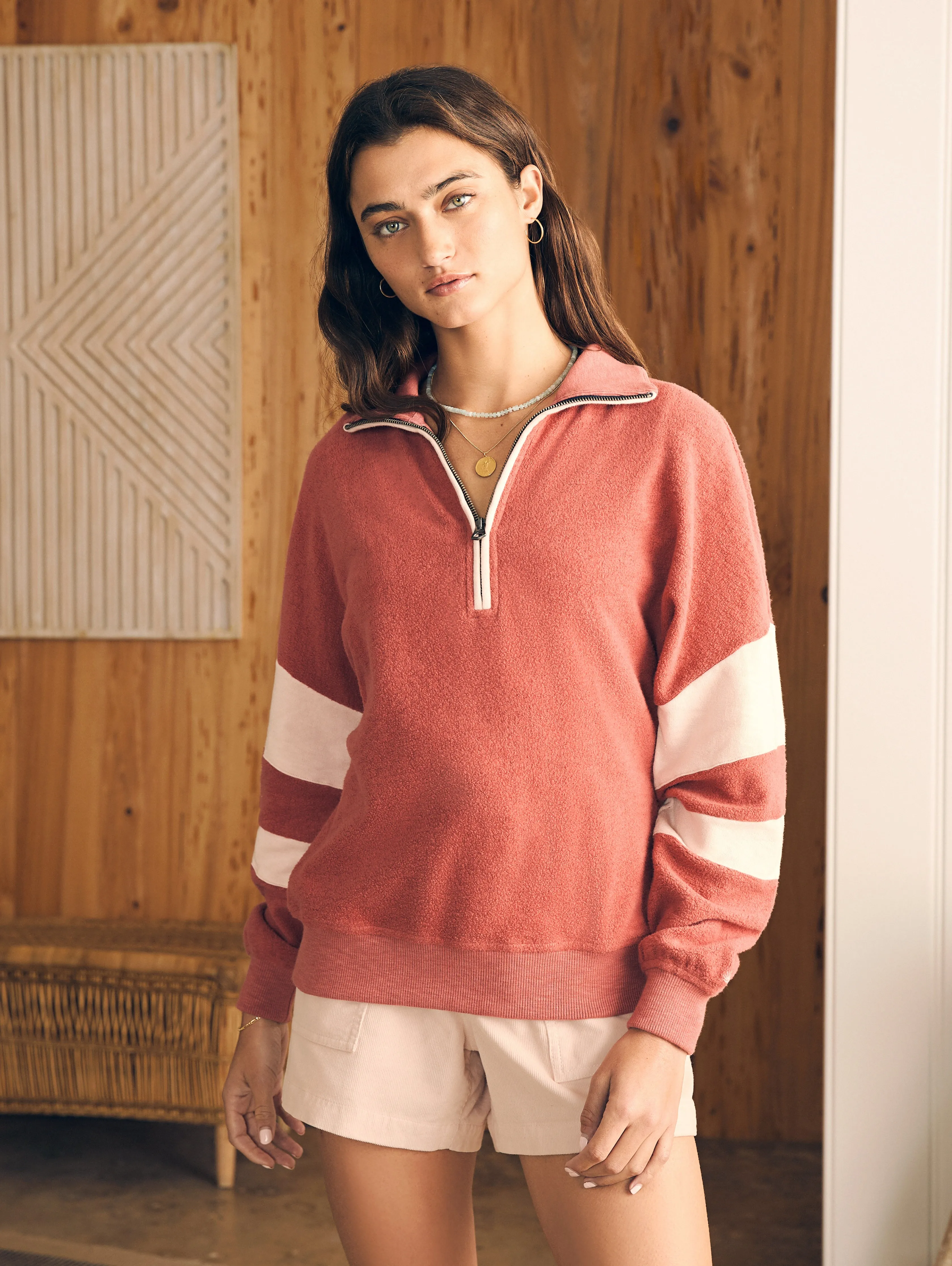 Beach Fleece Quarter Zip - Kelly Pink Multi sold by Faherty