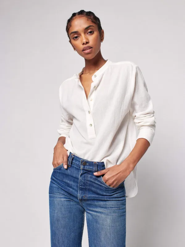 Dream Cotton Gauze Collarless Shirt - White sold by Faherty