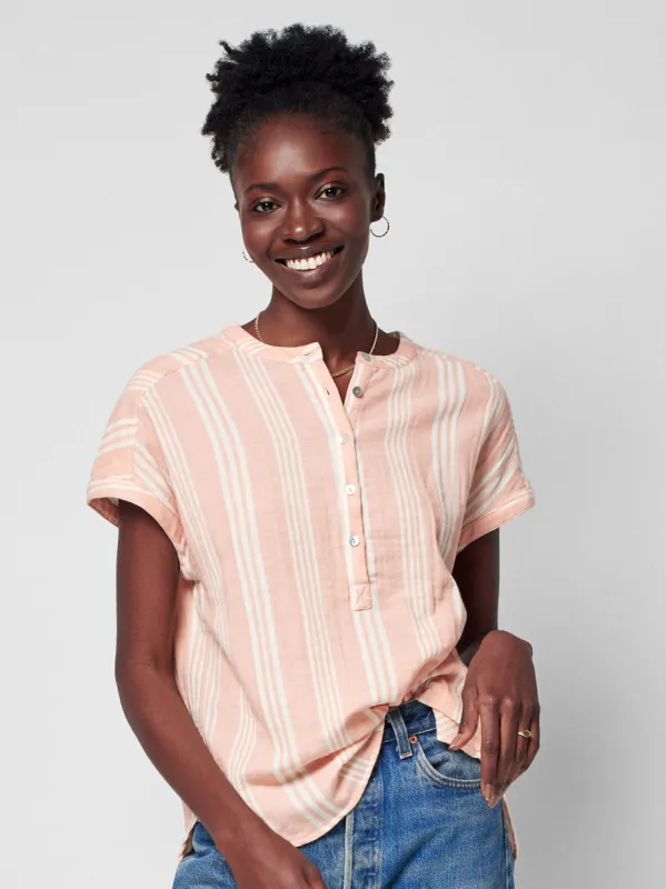 Dream Cotton Gauze Desmond Top - Sepia Neutral Stripe sold by Faherty