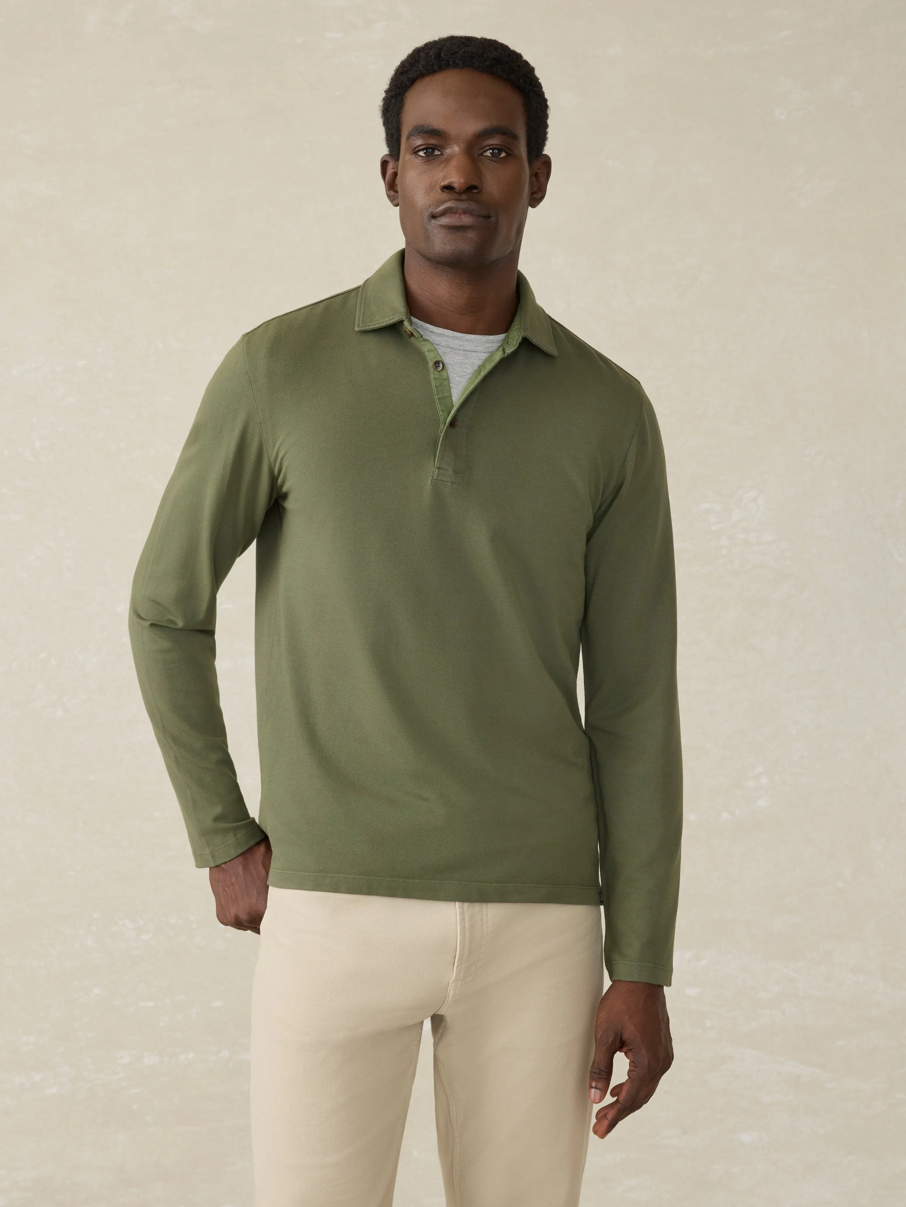 Long-Sleeve Field Knit Polo - Country Forest sold by Faherty