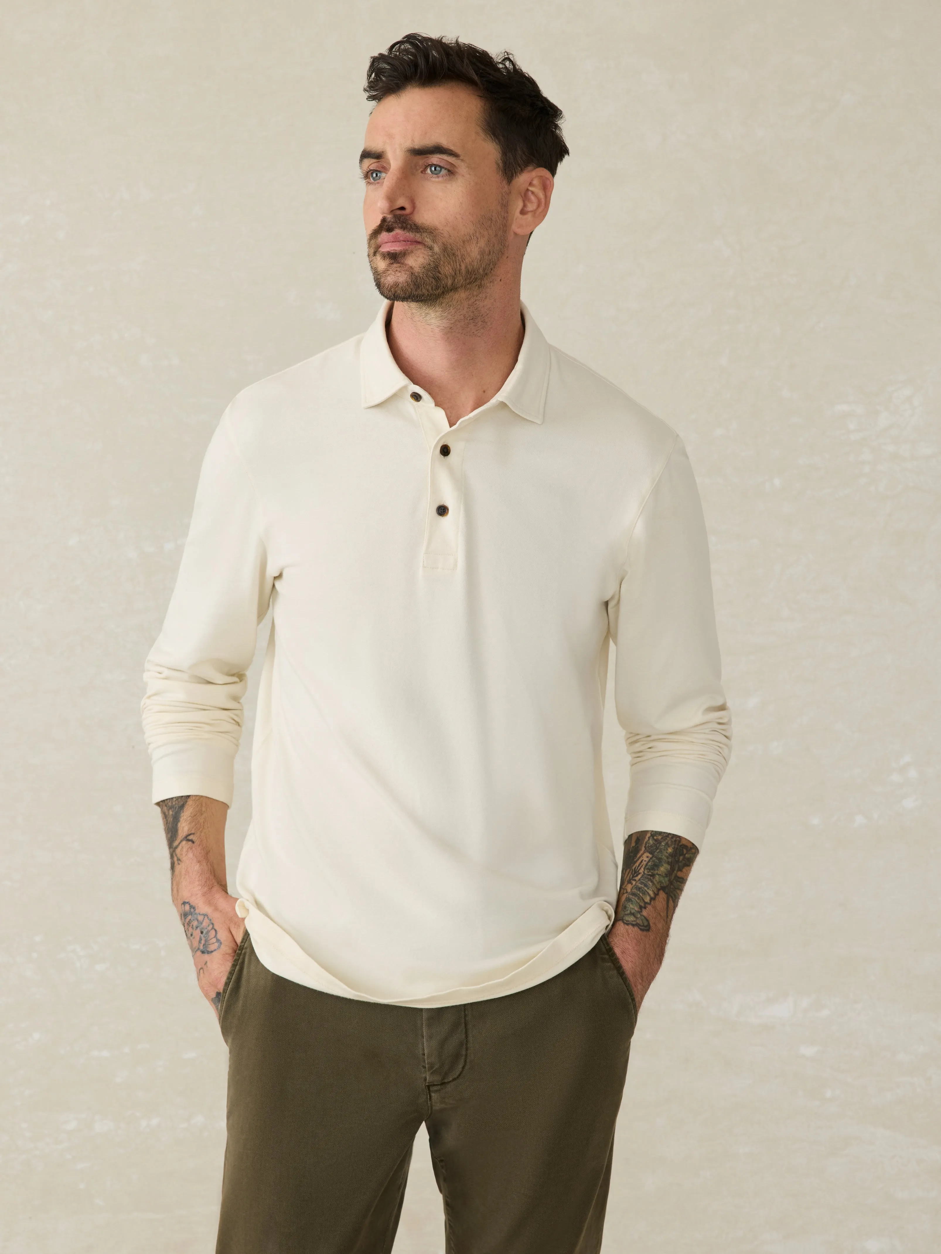 Long-Sleeve Field Knit Polo - Coastal Cream sold by Faherty
