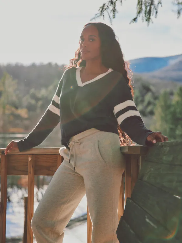 Organic Cotton Sunwashed Slub Varsity V-Neck - Blue Nights sold by Faherty