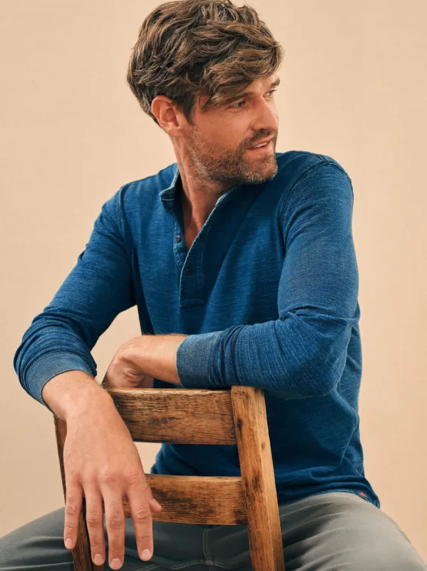 Long-Sleeve Indigo Henley - Dark Indigo Wash sold by Faherty