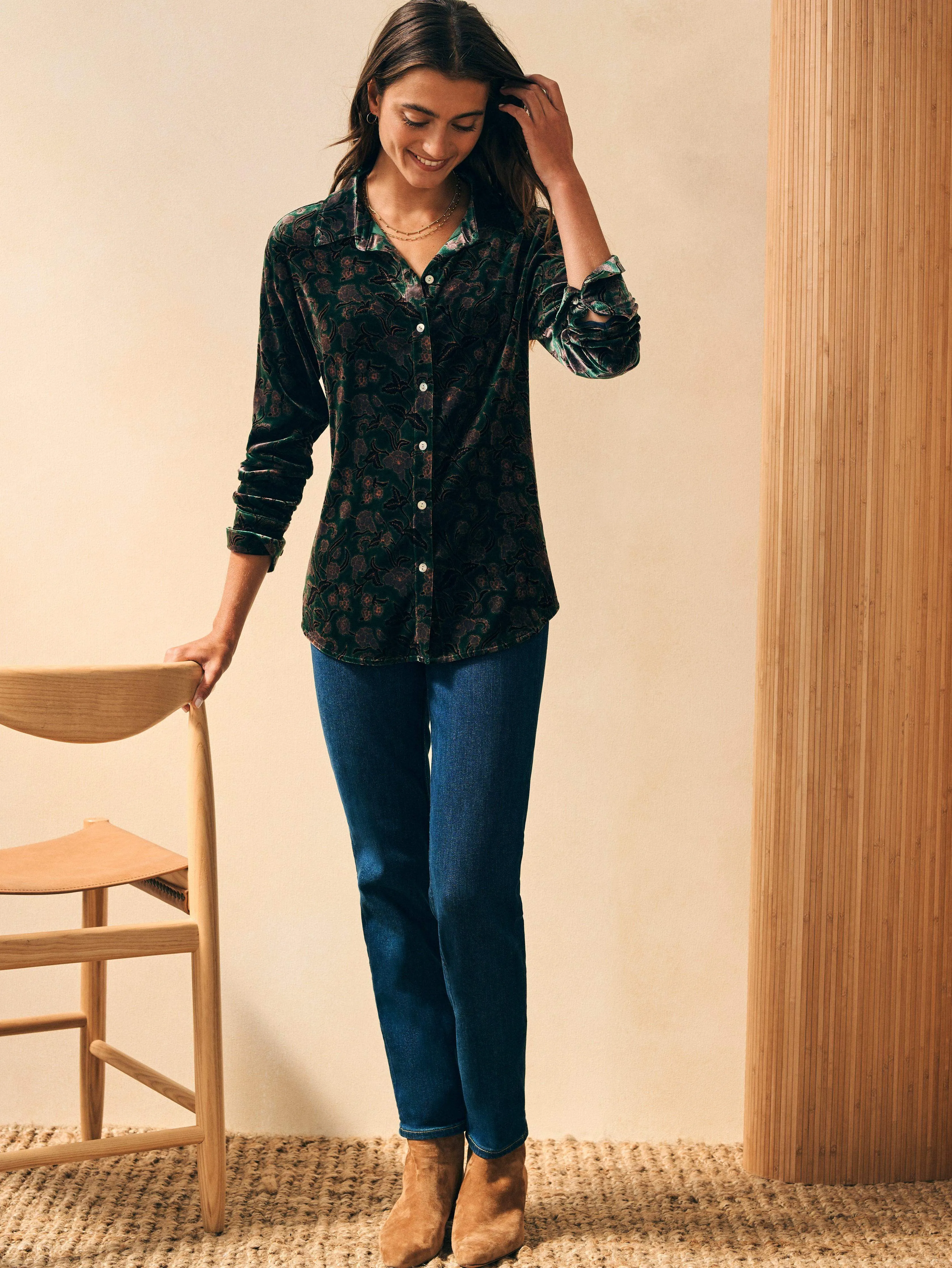 Stretch Silk Velvet Genevieve Shirt - Pine Blossom sold by Faherty product image thumbnail 4