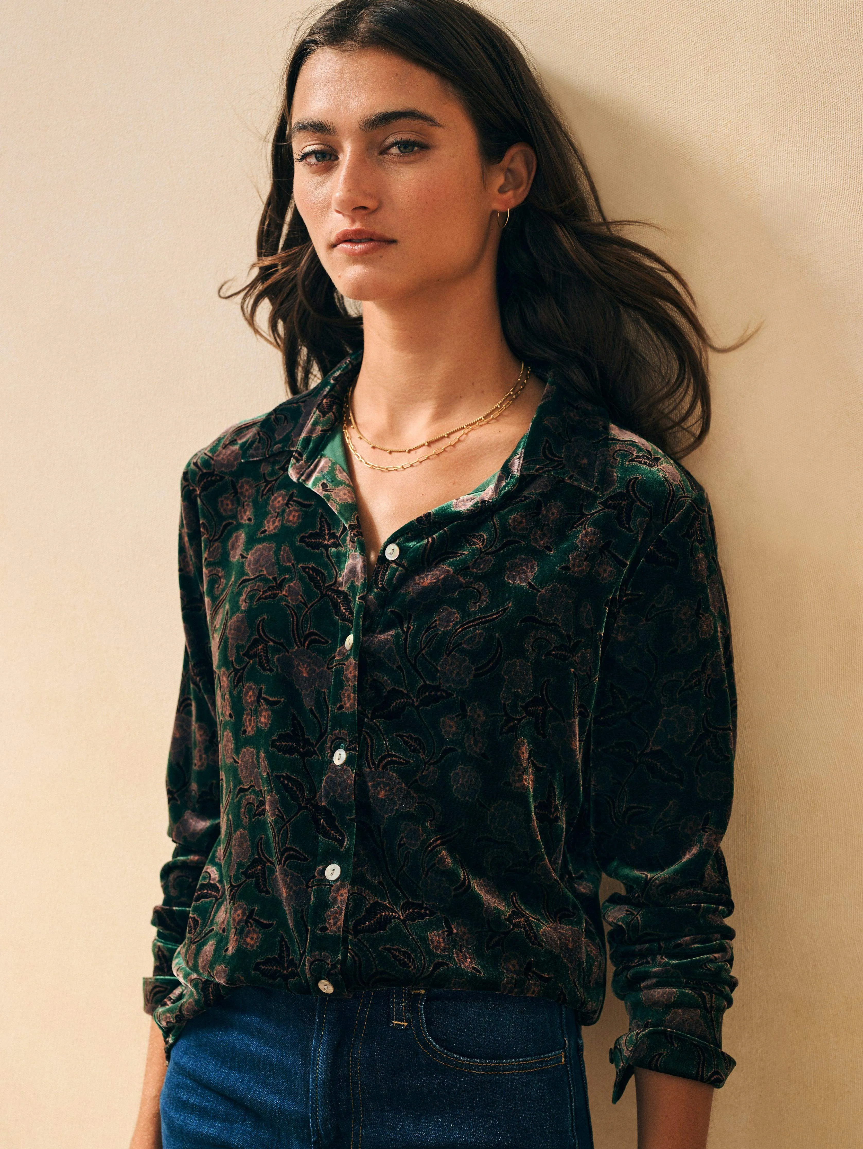 Stretch Silk Velvet Genevieve Shirt - Pine Blossom sold by Faherty product image thumbnail 3