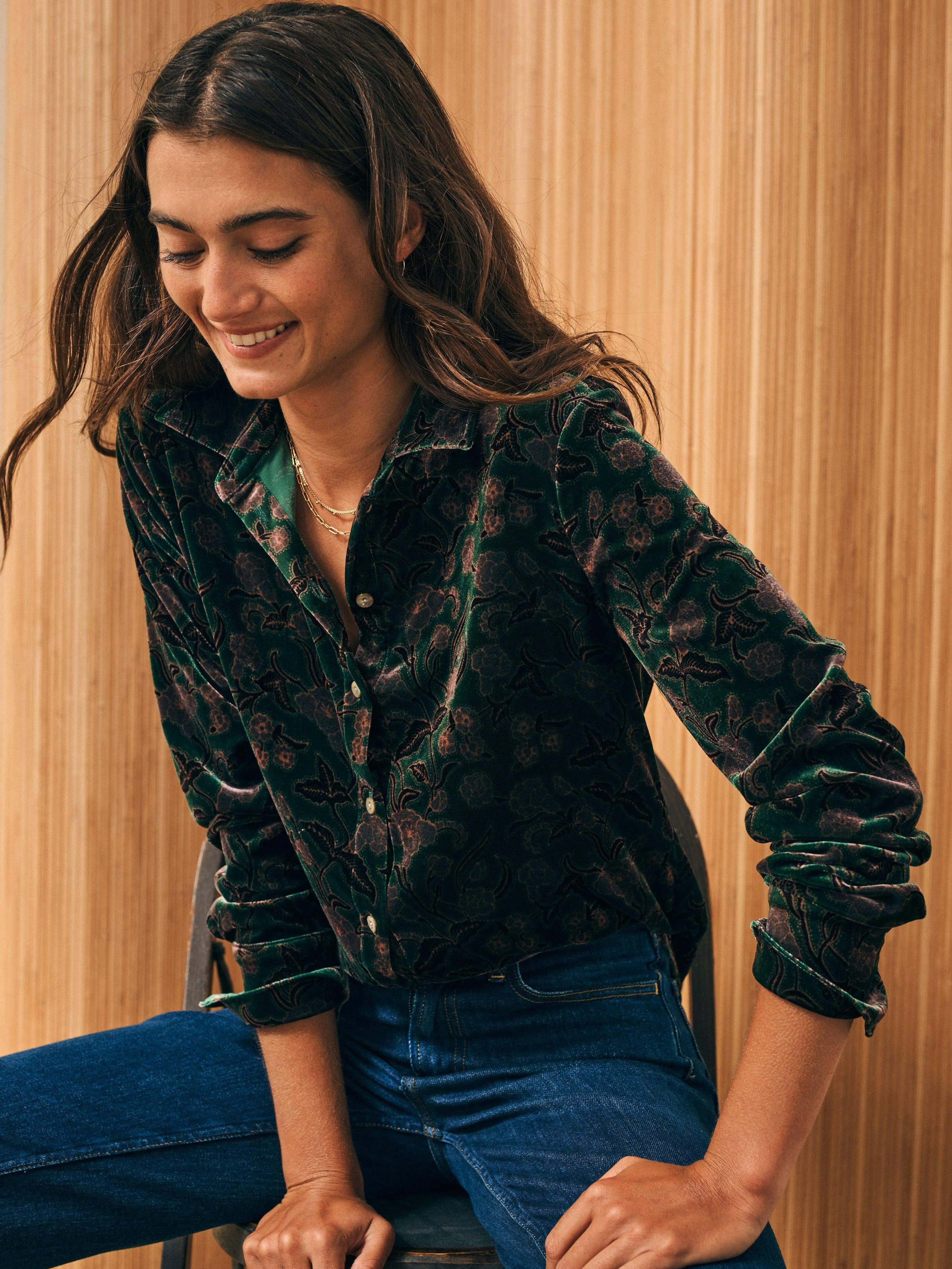 Stretch Silk Velvet Genevieve Shirt - Pine Blossom sold by Faherty