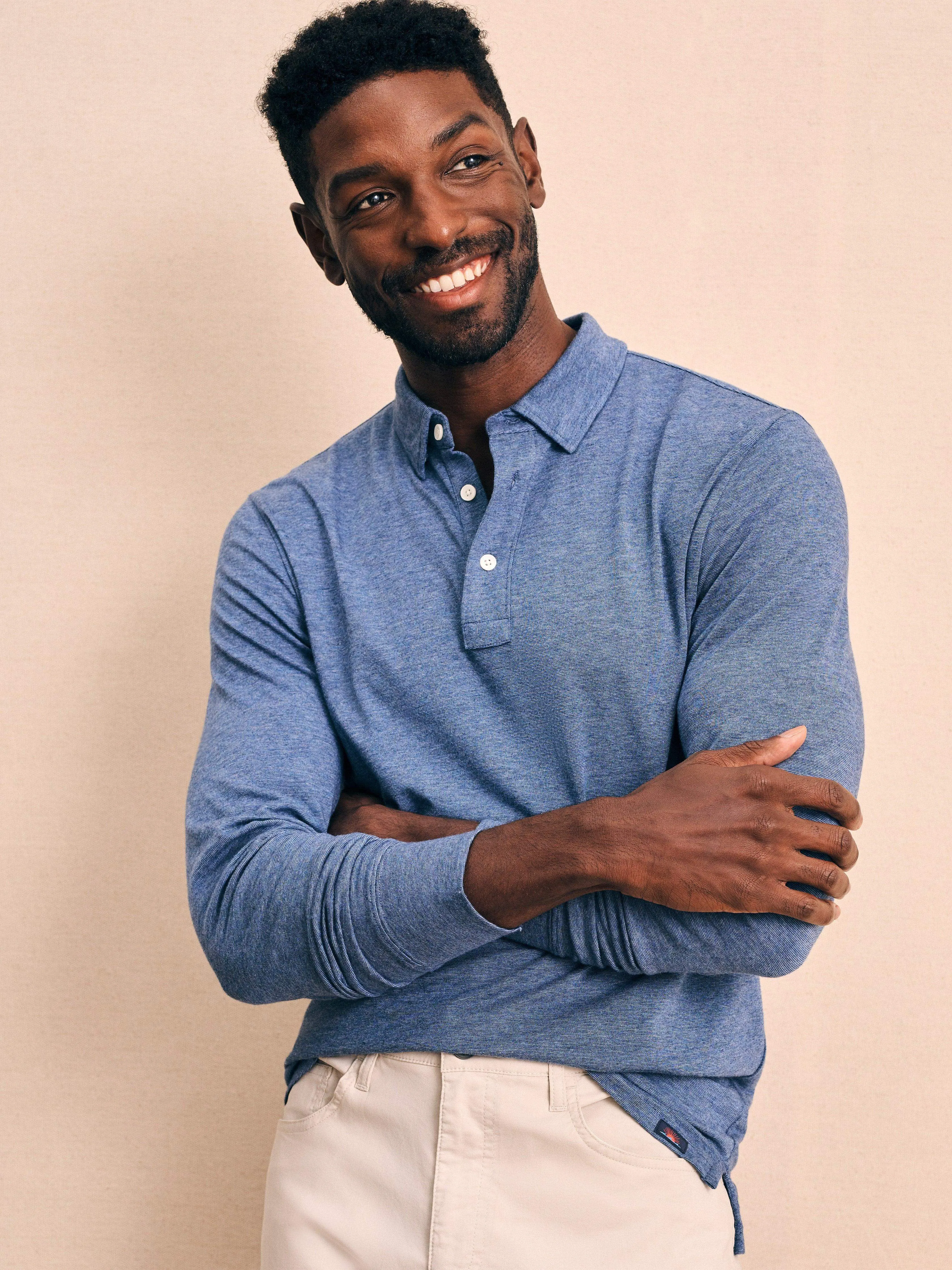 Movement™ Long-Sleeve Polo Shirt - Sea Navy Melange sold by Faherty product image thumbnail 2