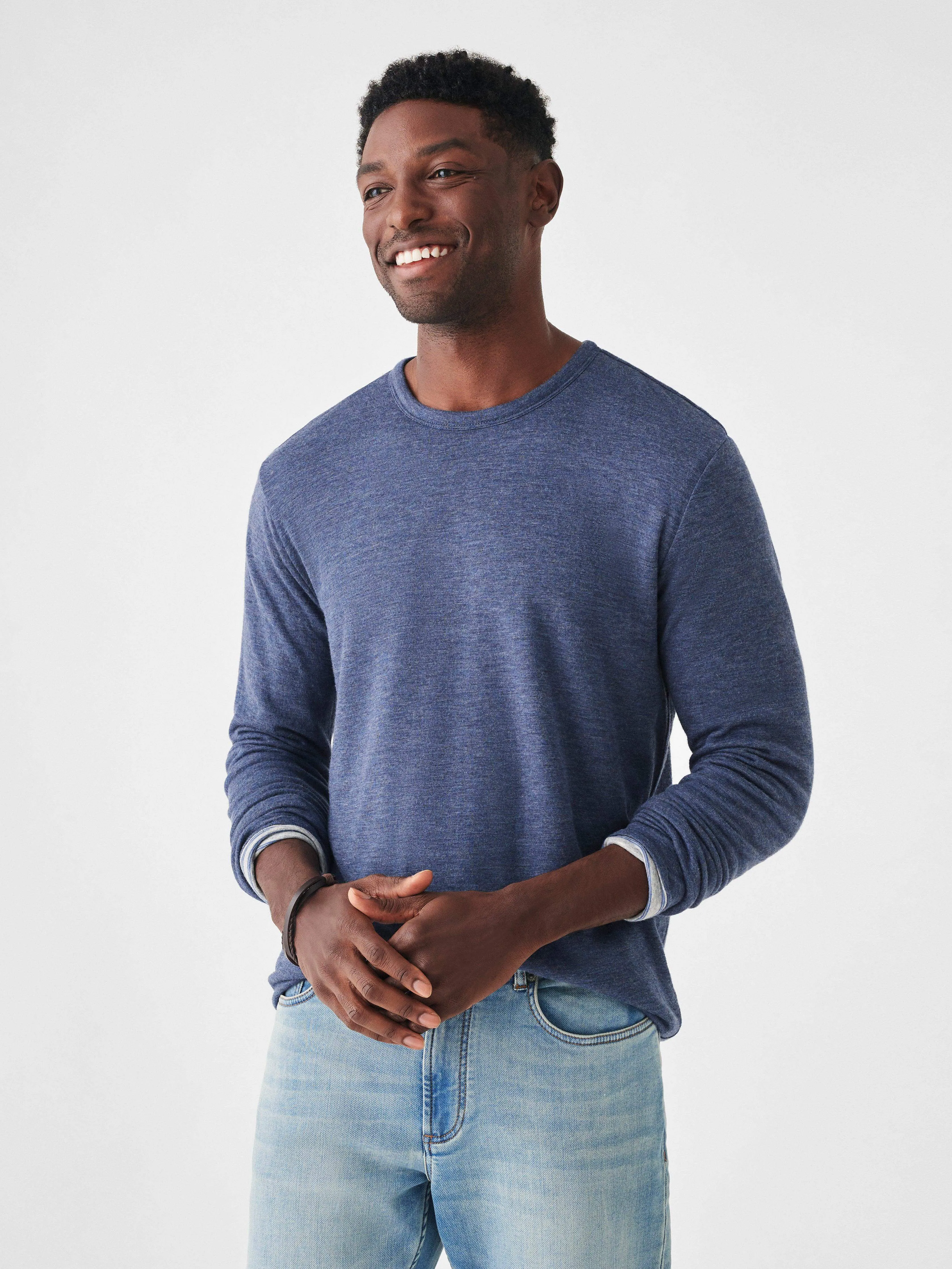 Cloud Cotton Reversible Crew - Navy Heather Prairie Water Stripe sold by Faherty product image thumbnail 2