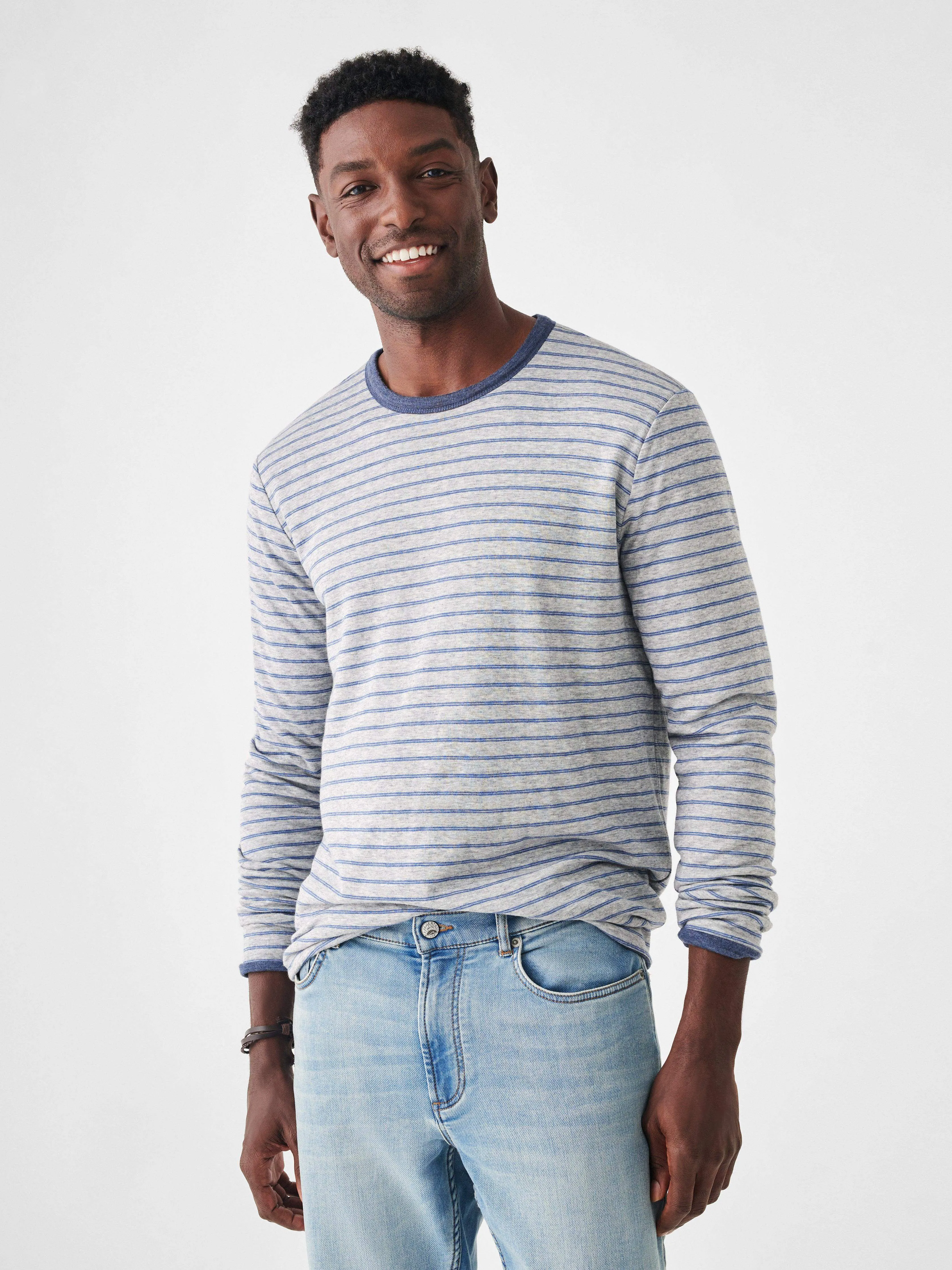 Cloud Cotton Reversible Crew - Navy Heather Prairie Water Stripe sold by Faherty