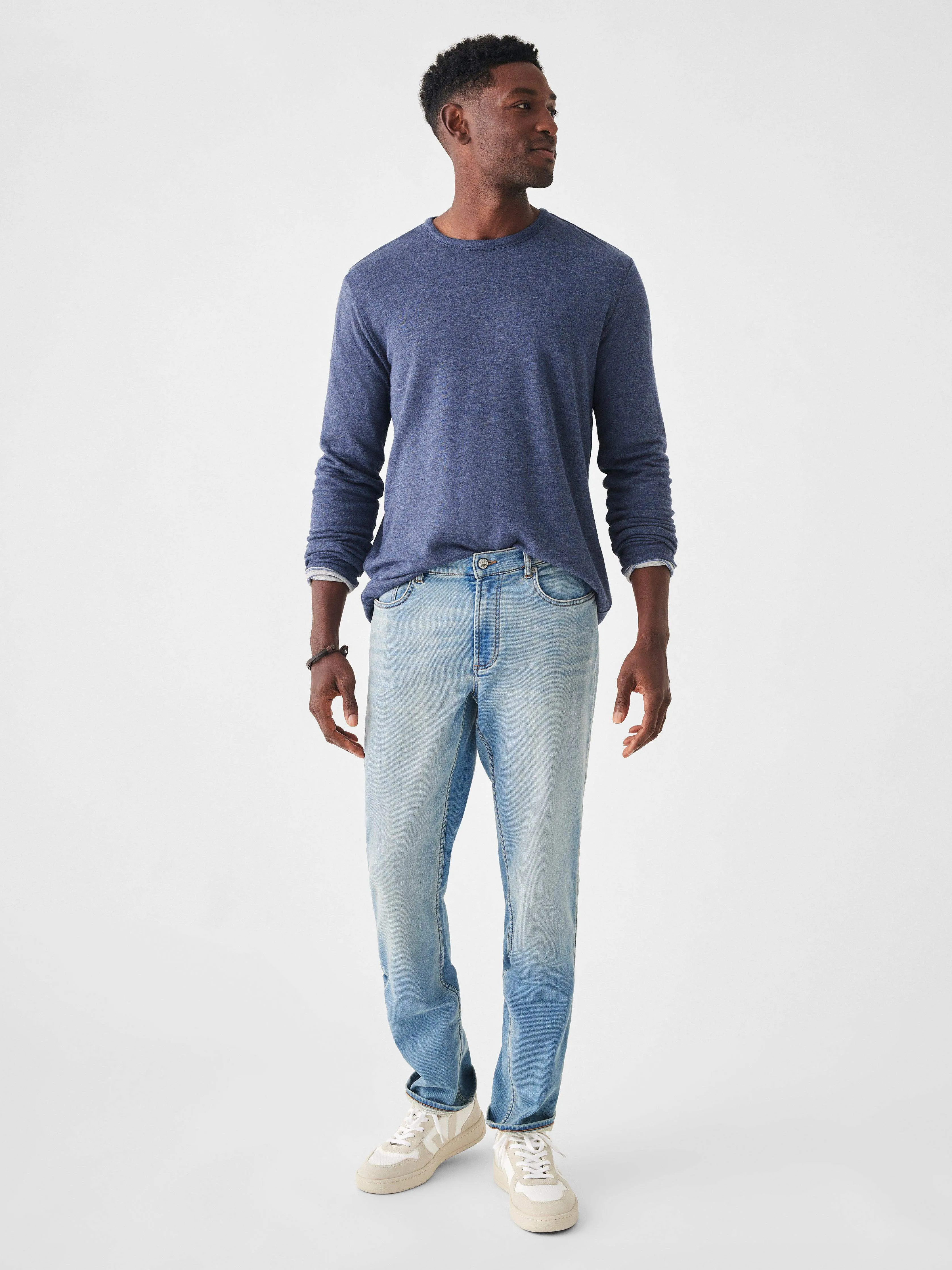 Cloud Cotton Reversible Crew - Navy Heather Prairie Water Stripe sold by Faherty product image thumbnail 4