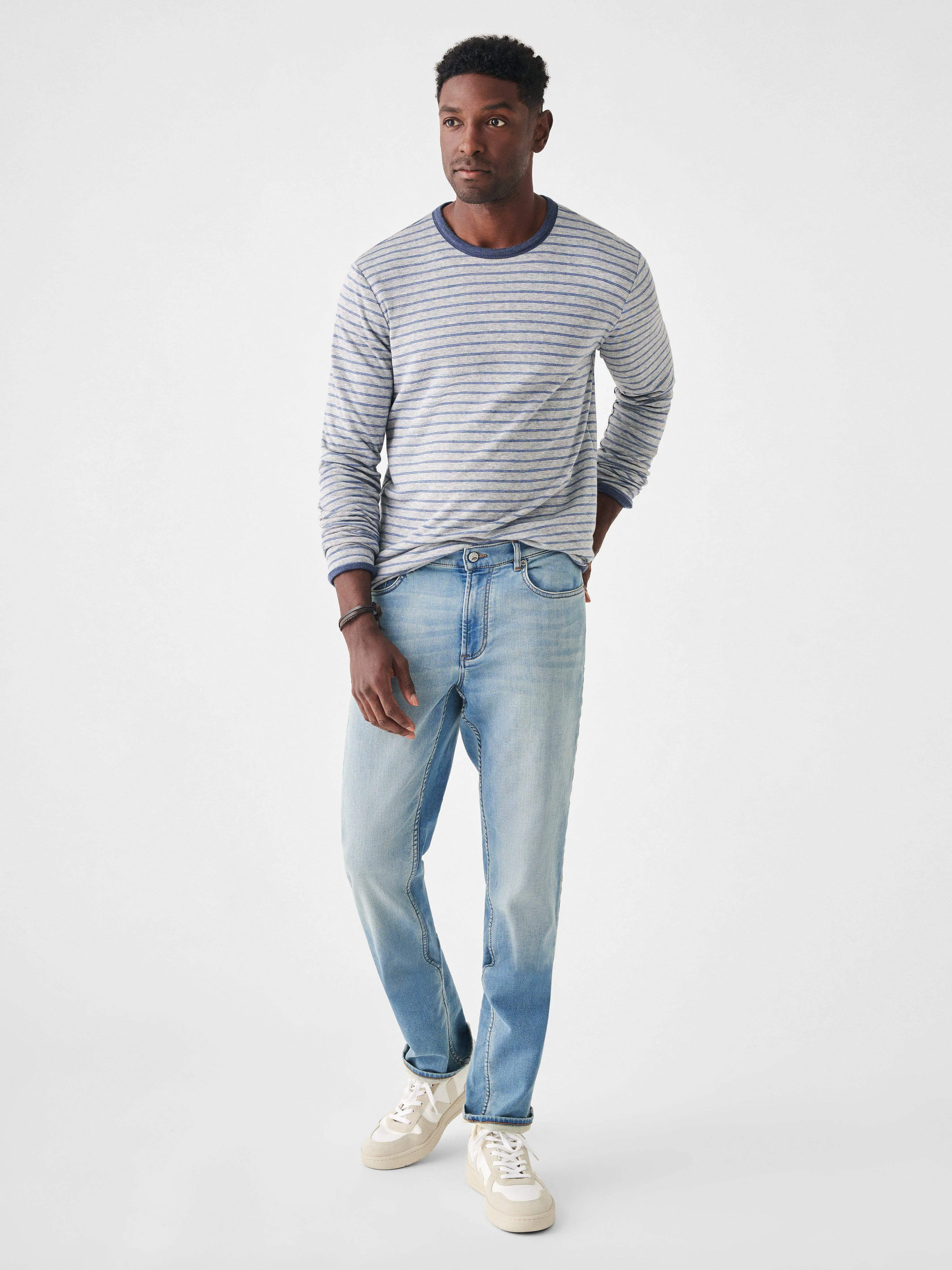 Cloud Cotton Reversible Crew - Navy Heather Prairie Water Stripe sold by Faherty product image thumbnail 5