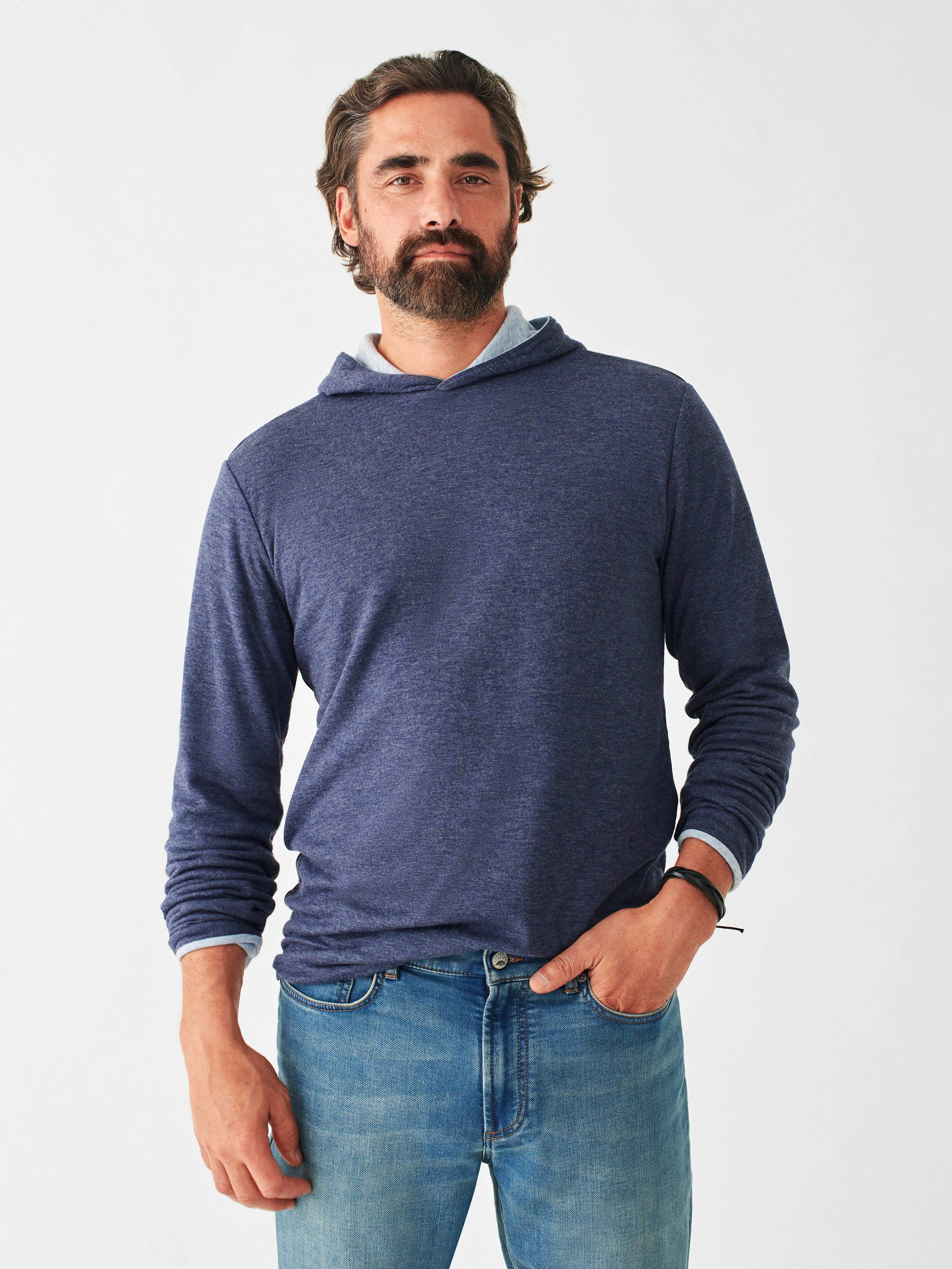 Cloud Cotton Reversible Hoodie - Light Blue Heather Navy Heather sold by Faherty