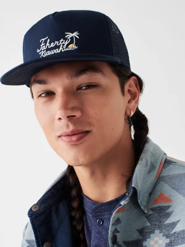 Kiawah Palm Trucker Hat - Navy sold by Faherty