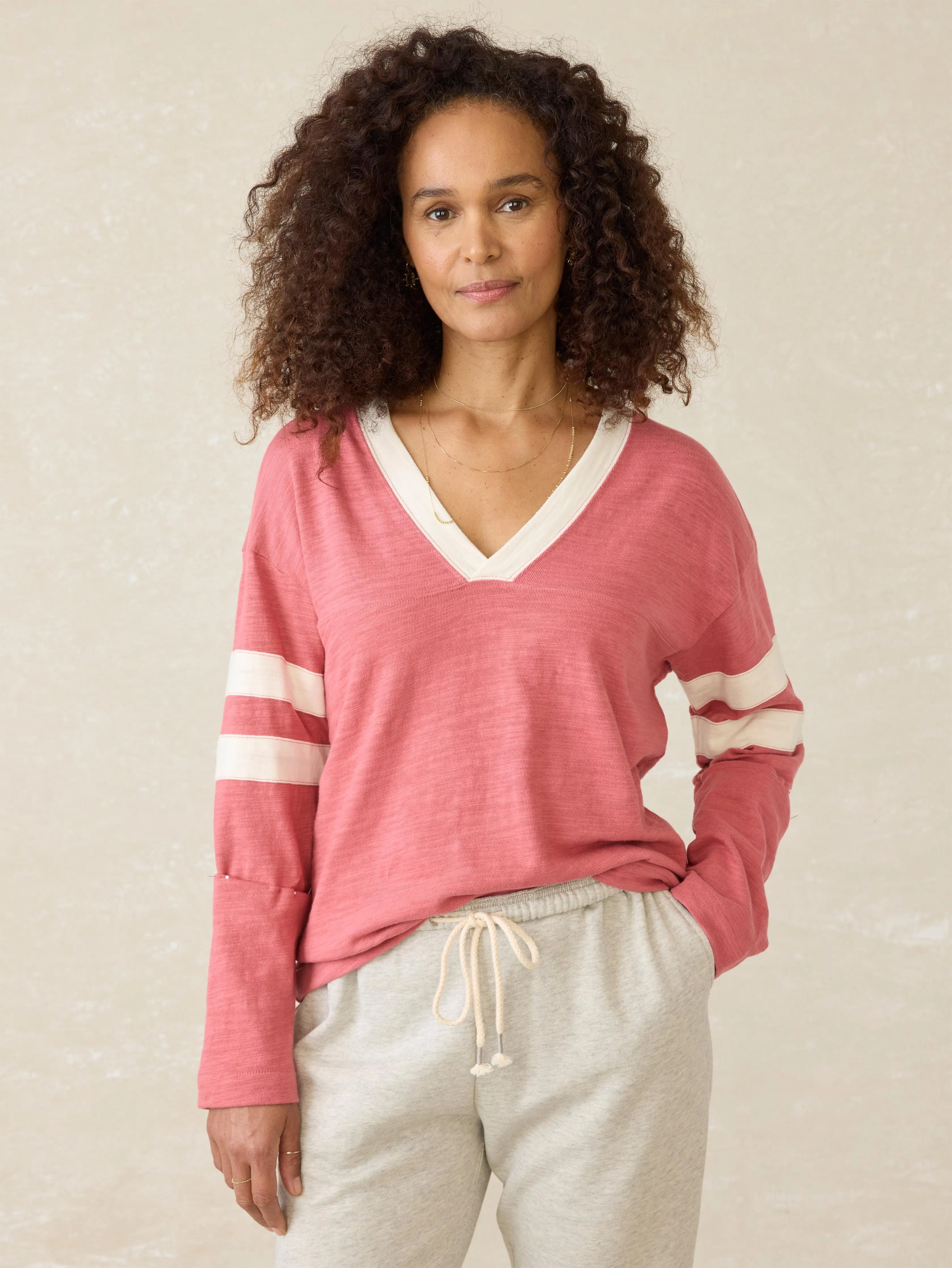 Organic Cotton Sunwashed Slub Varsity V-Neck - Baroque Rose sold by Faherty