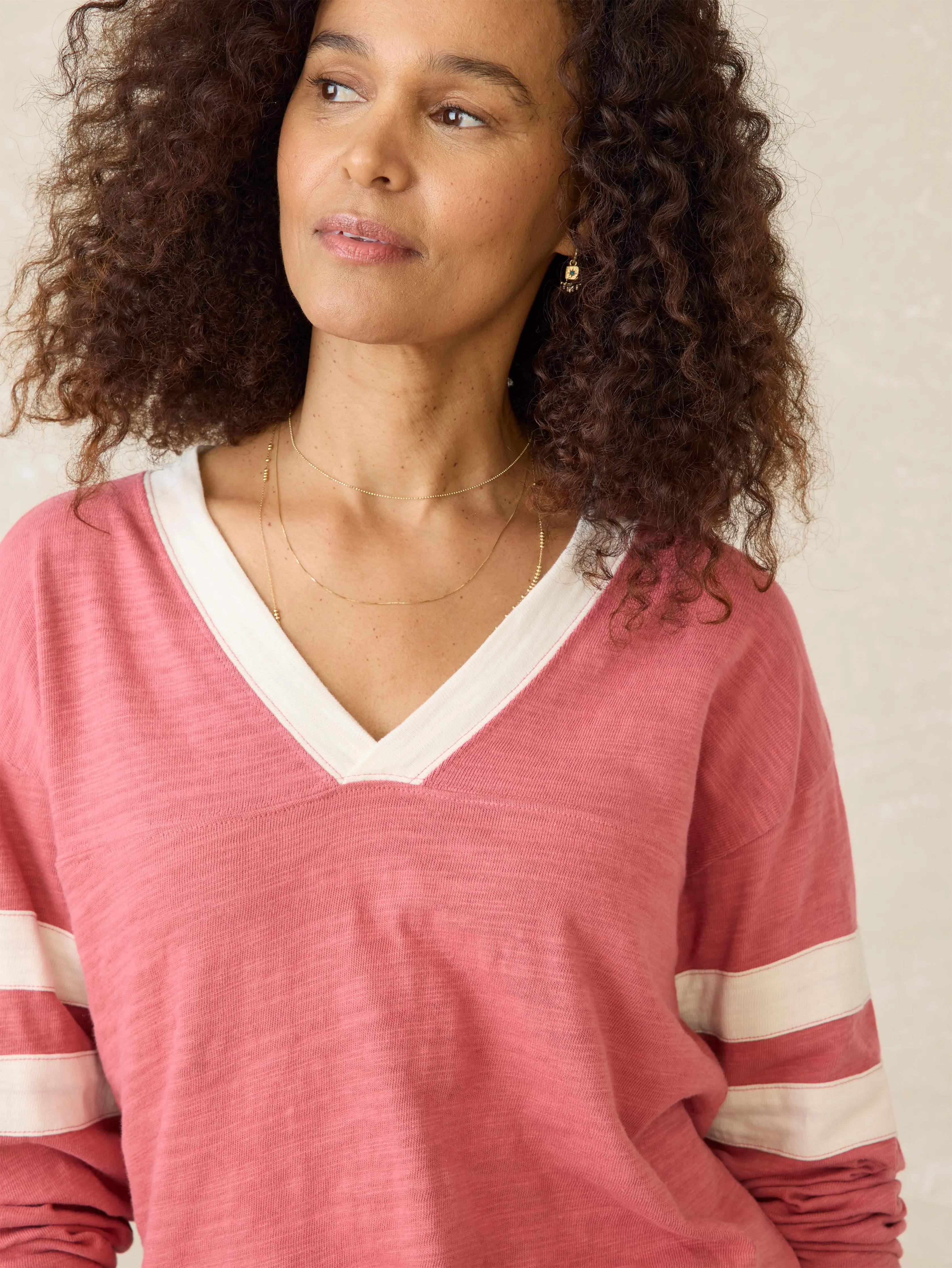 Organic Cotton Sunwashed Slub Varsity V-Neck - Baroque Rose sold by Faherty product image thumbnail 2