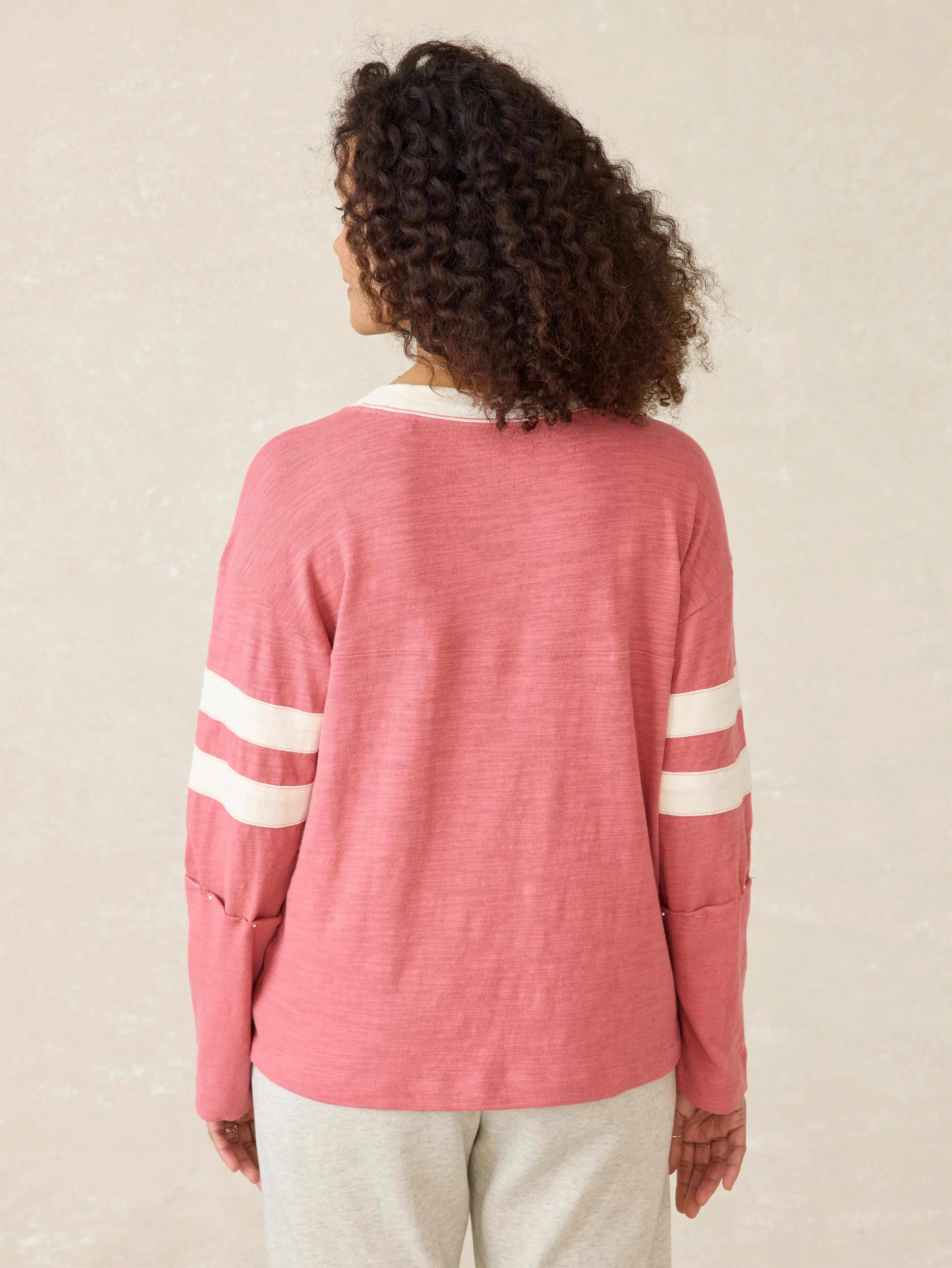 Organic Cotton Sunwashed Slub Varsity V-Neck - Baroque Rose sold by Faherty product image thumbnail 5