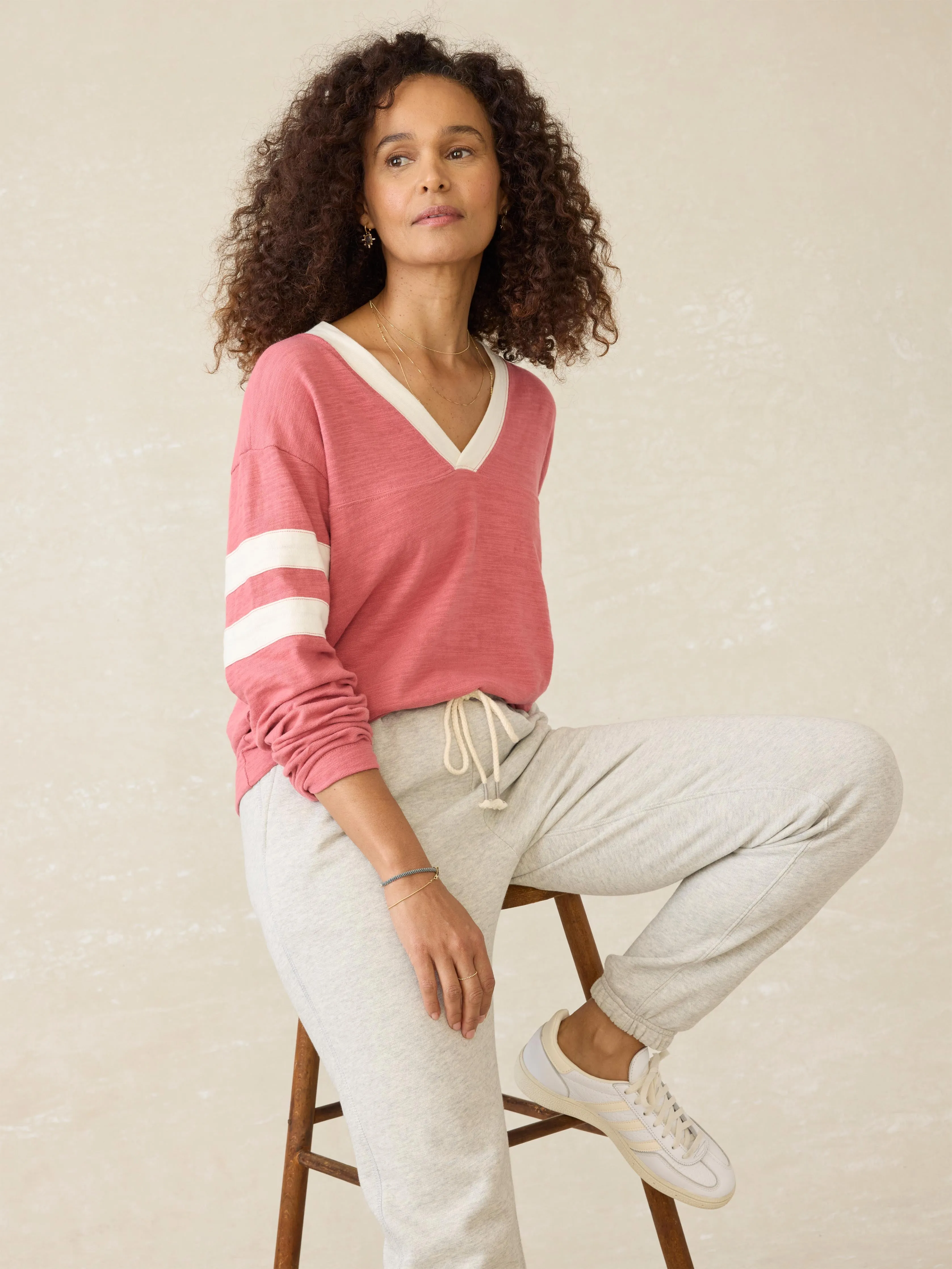 Organic Cotton Sunwashed Slub Varsity V-Neck - Baroque Rose sold by Faherty product image thumbnail 3
