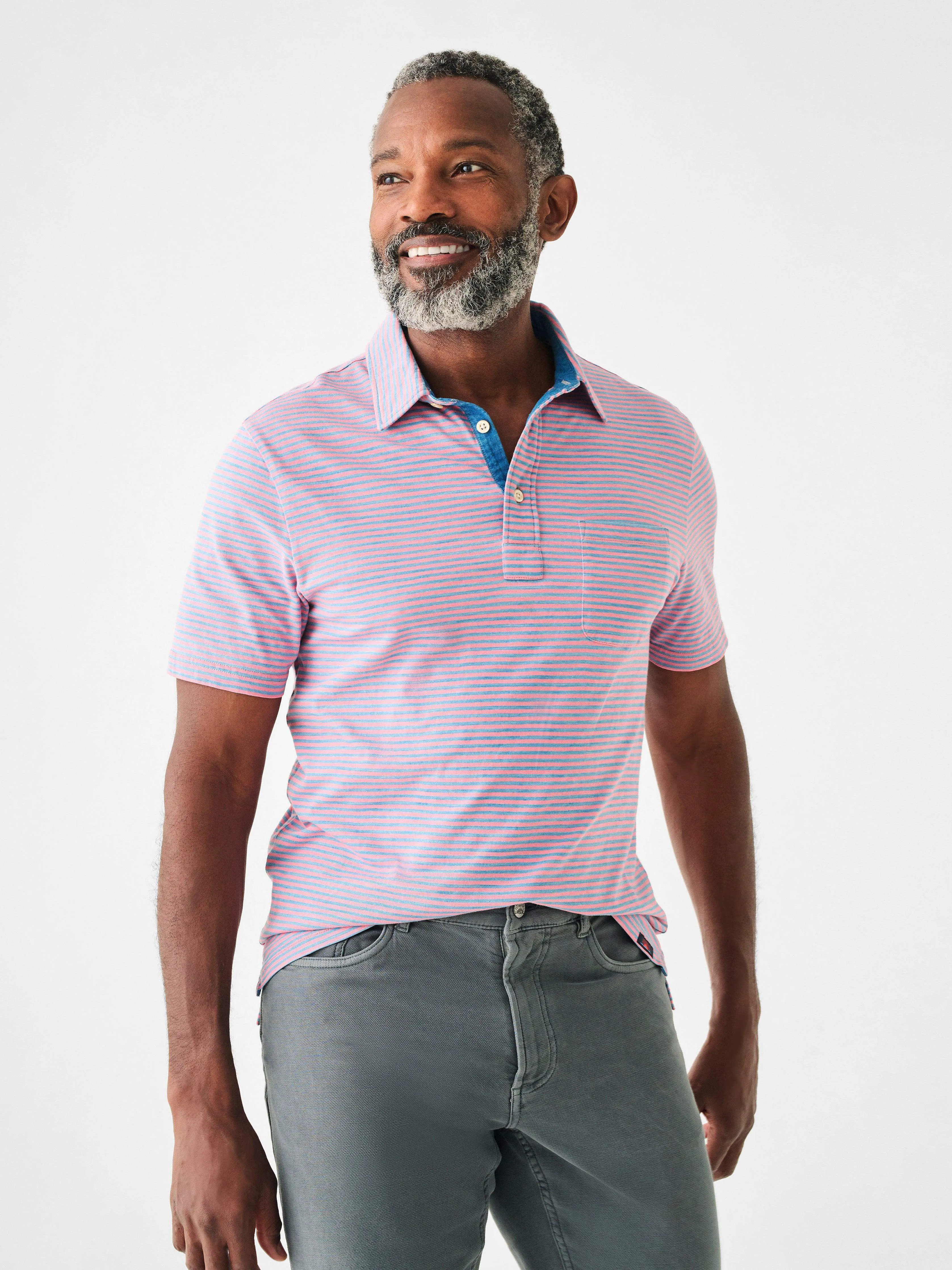 Short-Sleeve Indigo Polo Shirt - Salt Wash Pink sold by Faherty