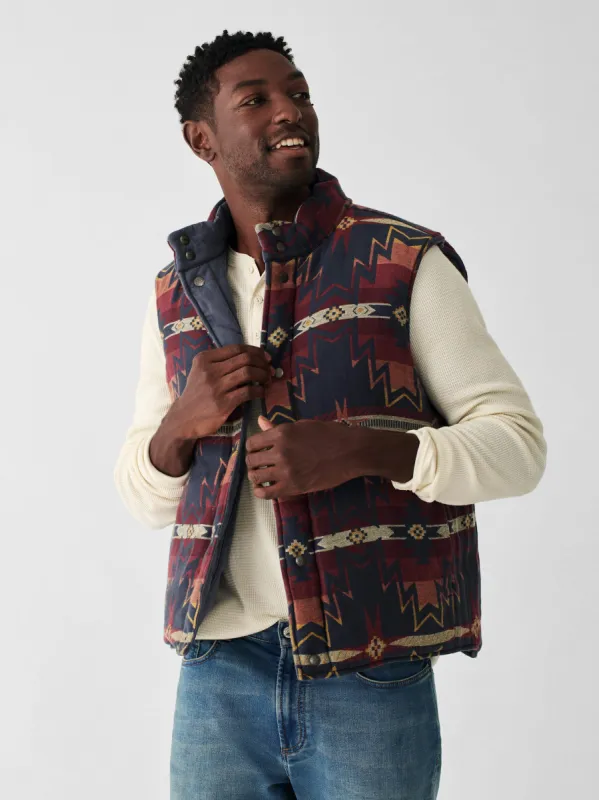Doug Good Feather Reversible Vest - Marine Blue Star Fire sold by Faherty
