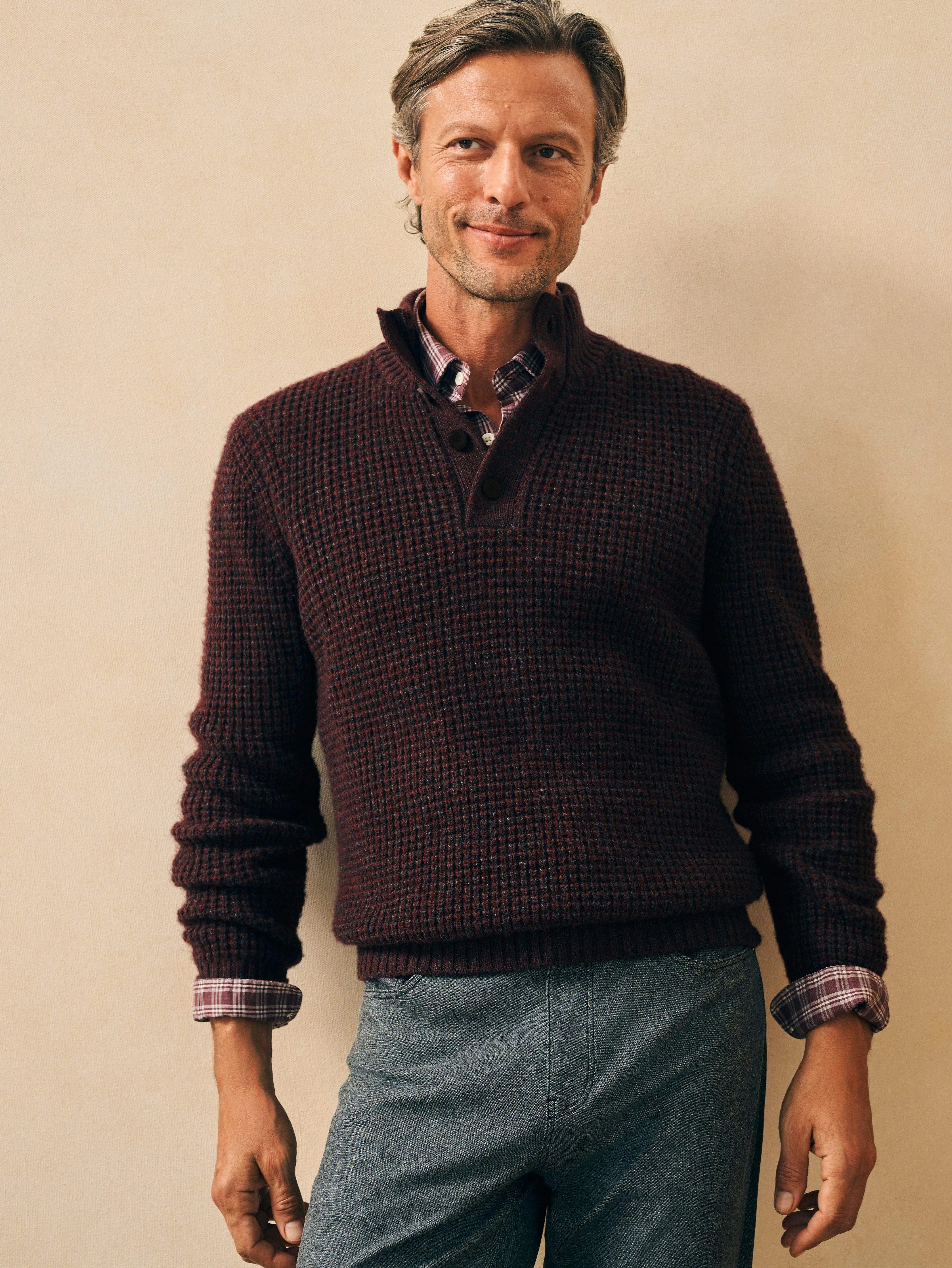 Cashmere Wool Quarter Button - Maroon Rock Marl sold by Faherty product image thumbnail 3