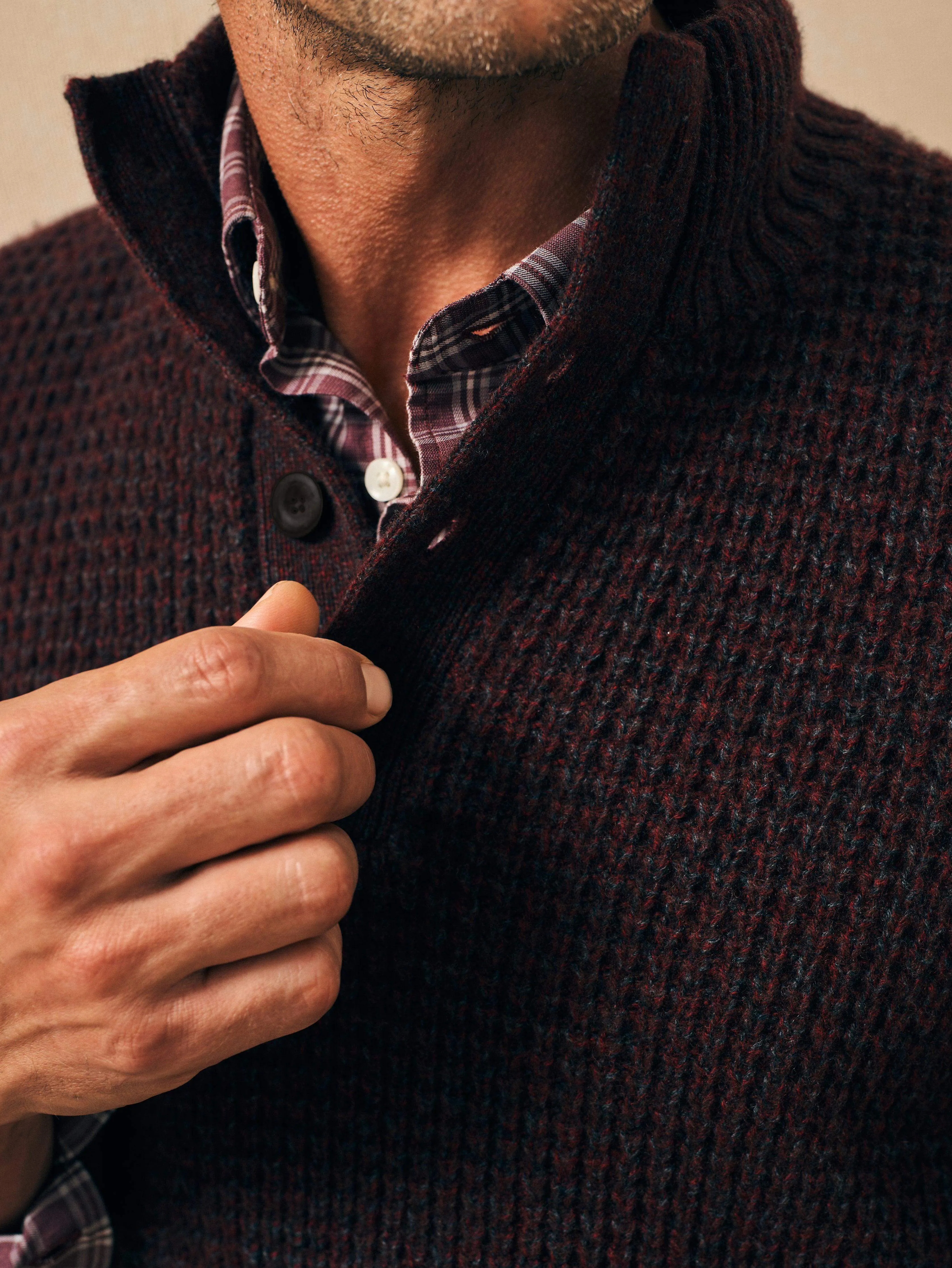 Cashmere Wool Quarter Button - Maroon Rock Marl sold by Faherty product image thumbnail 2