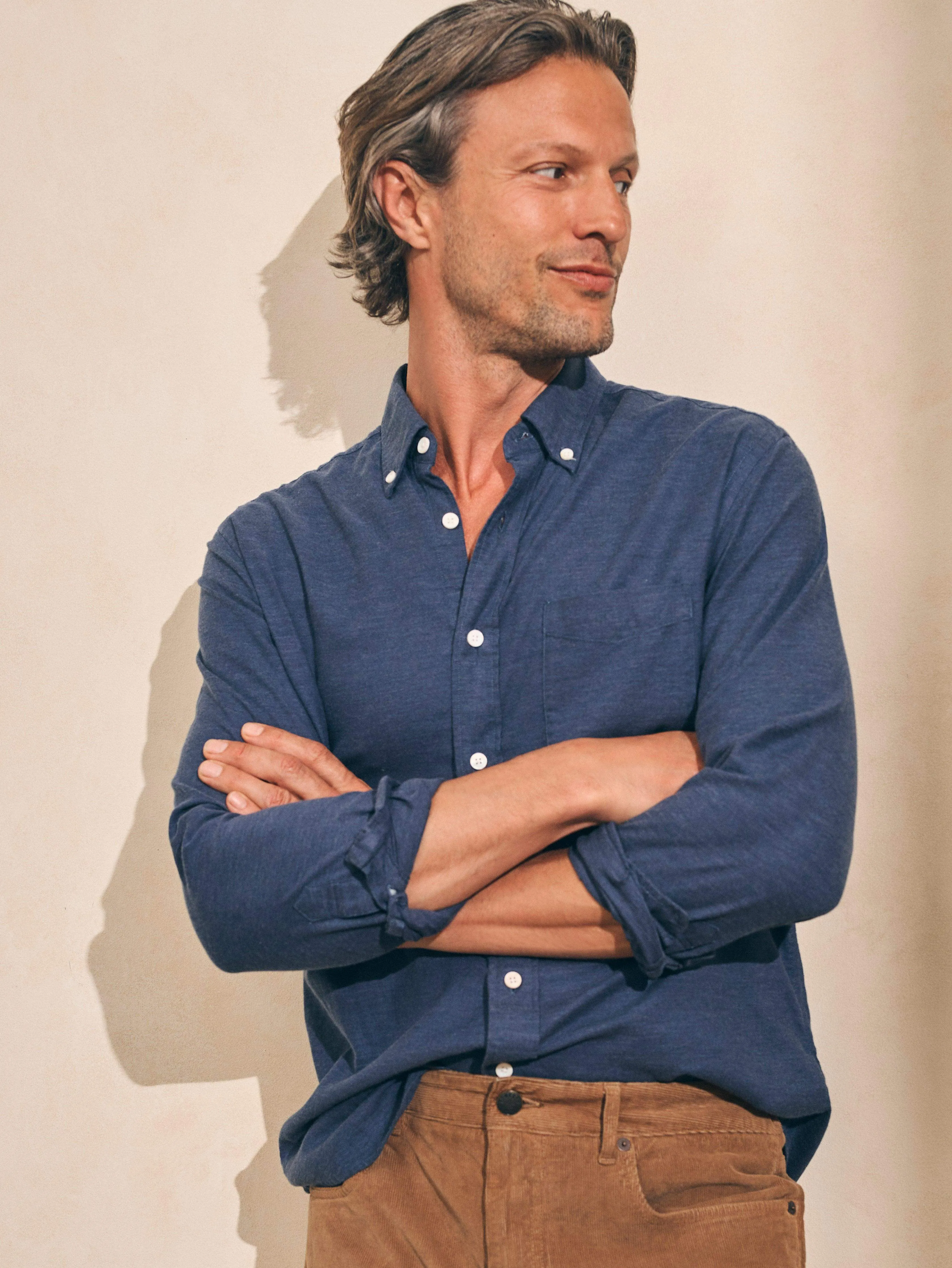 Stretch Oxford Shirt - Navy sold by Faherty
