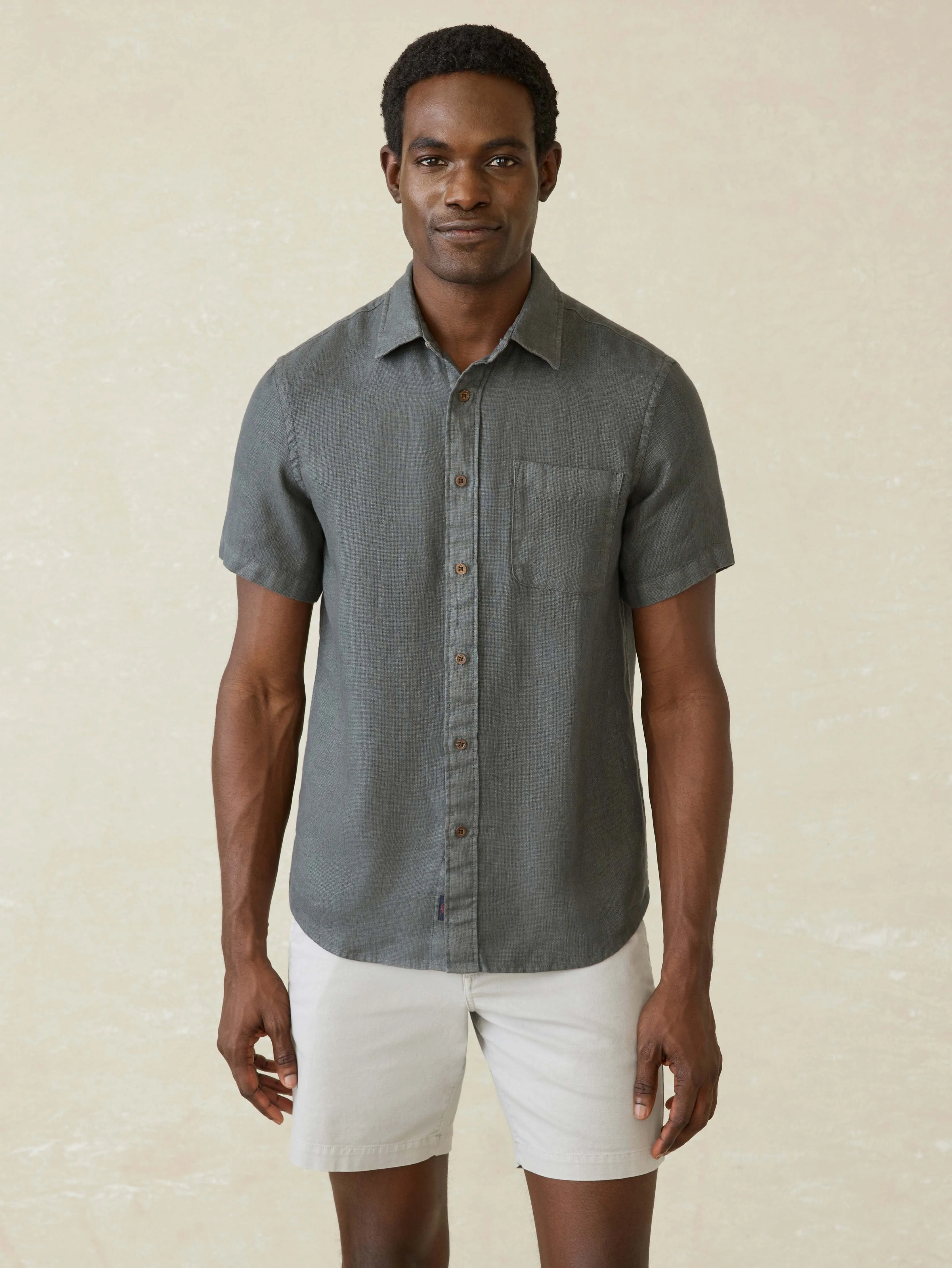 Short-Sleeve Palma Linen Shirt - Washed Black Basketweave sold by Faherty