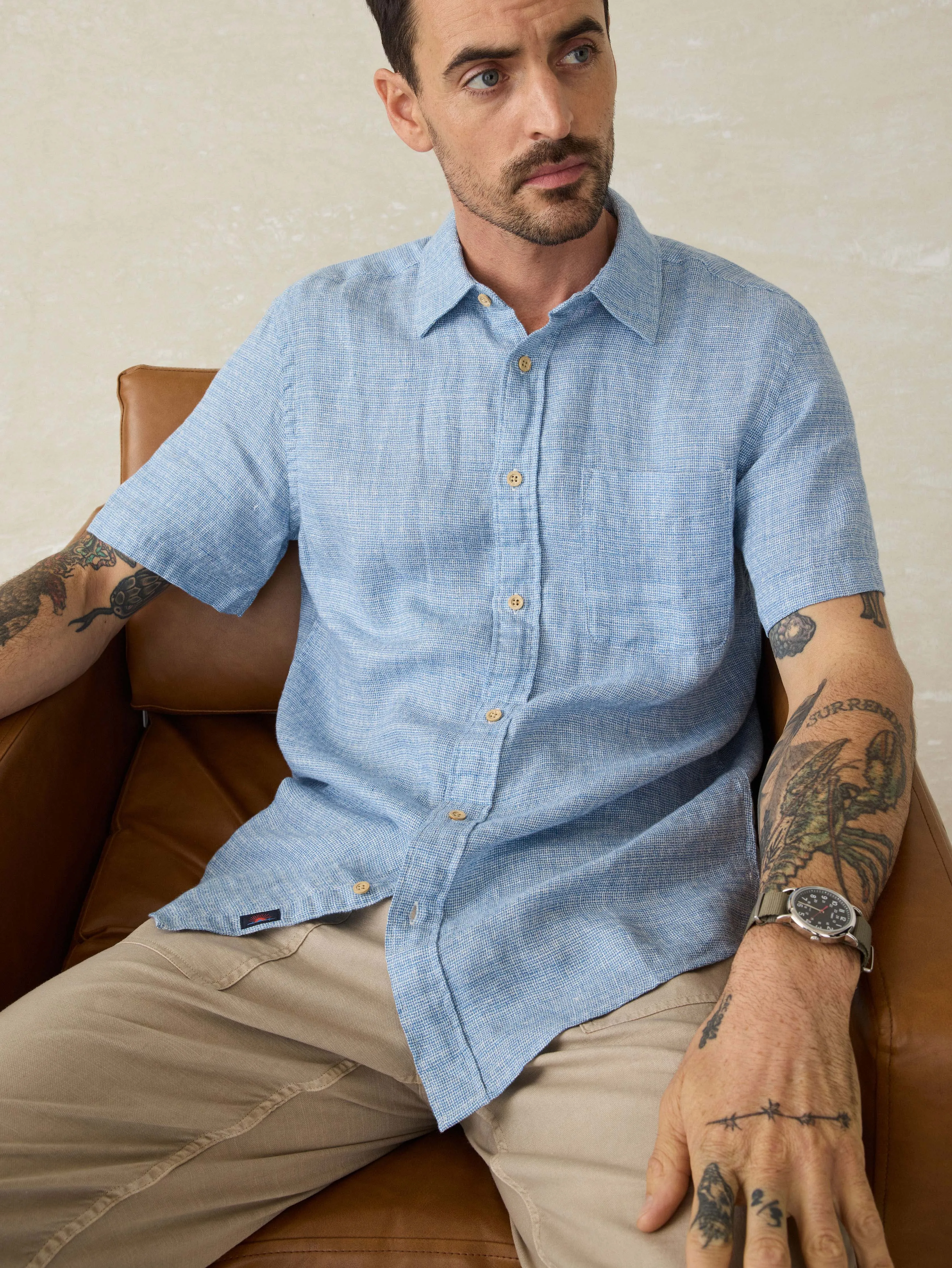 Short-Sleeve Palma Linen Shirt - Blue Basketweave sold by Faherty product image thumbnail 3
