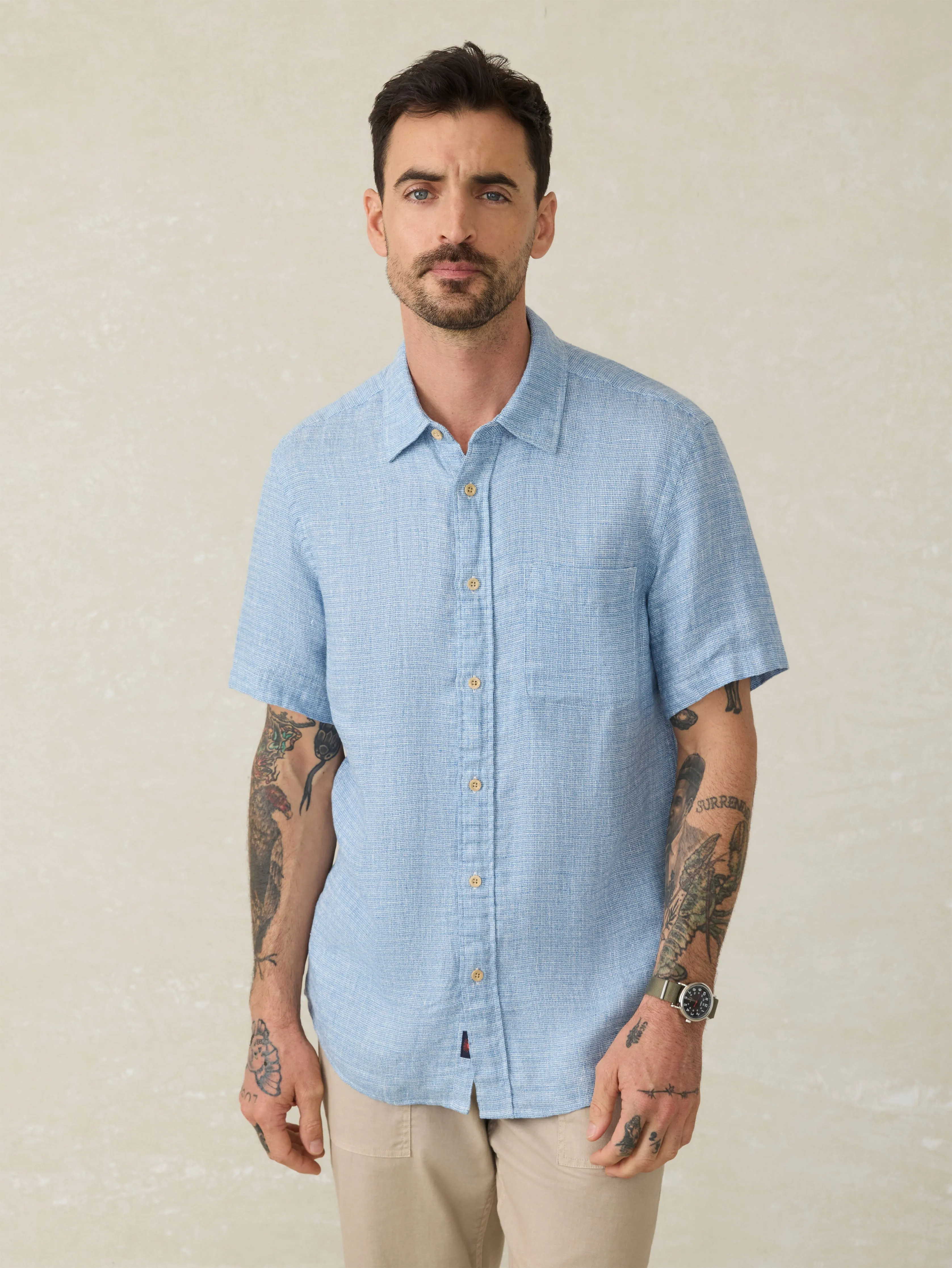 Short-Sleeve Palma Linen Shirt - Blue Basketweave sold by Faherty