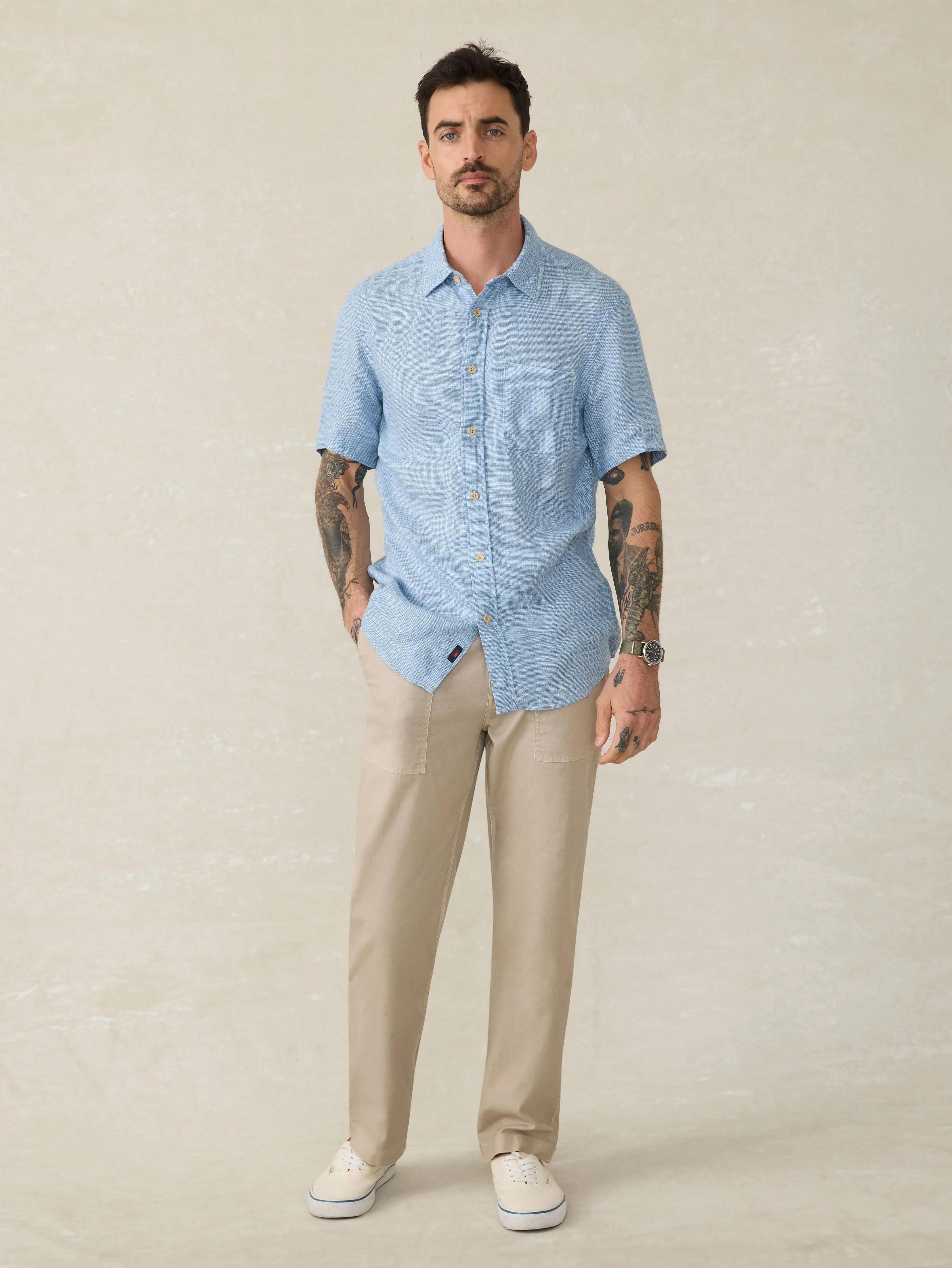 Short-Sleeve Palma Linen Shirt - Blue Basketweave sold by Faherty product image thumbnail 2