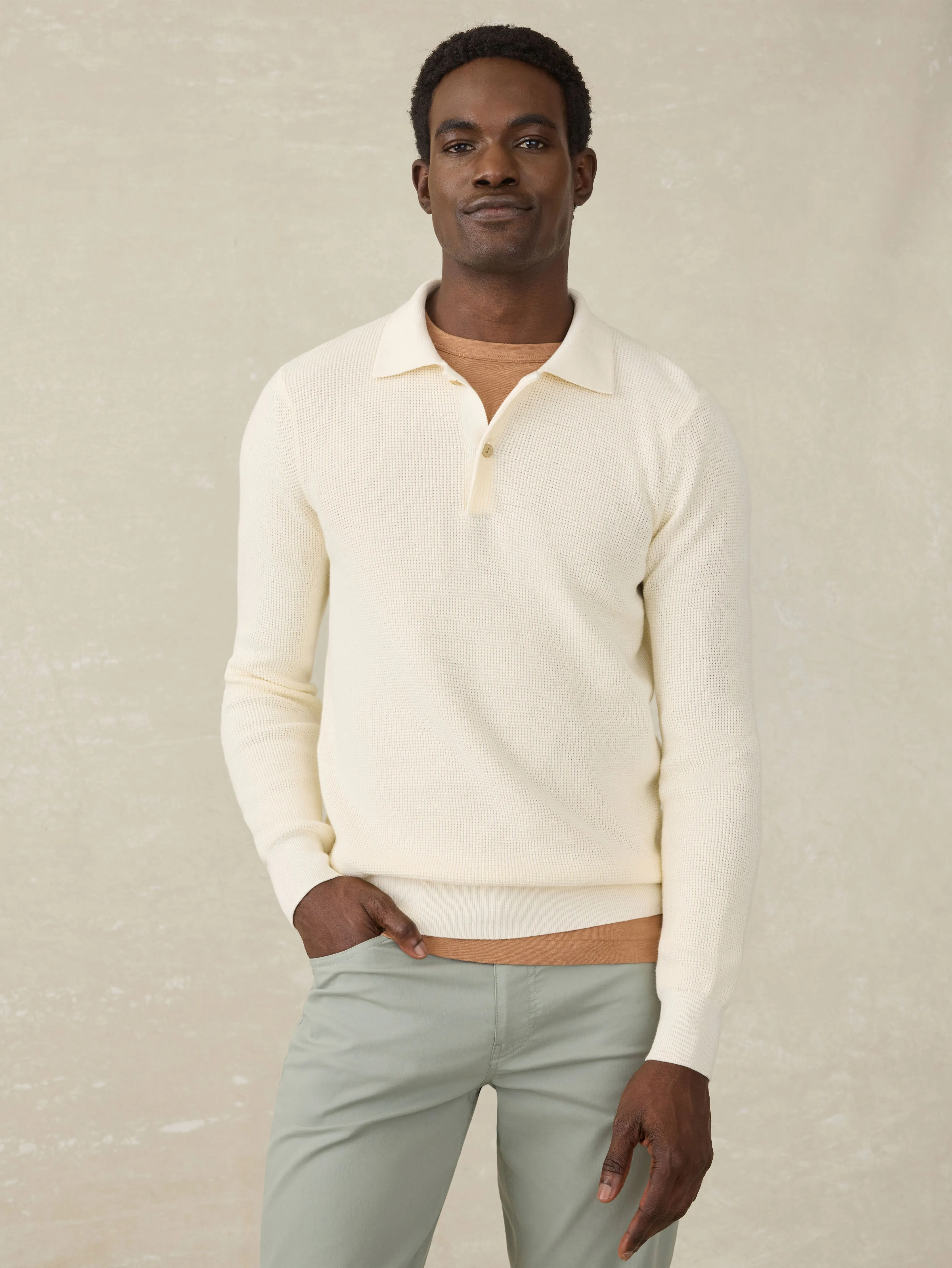 Long-Sleeve Sunwashed Sweater Polo - White Shell sold by Faherty product image thumbnail 4