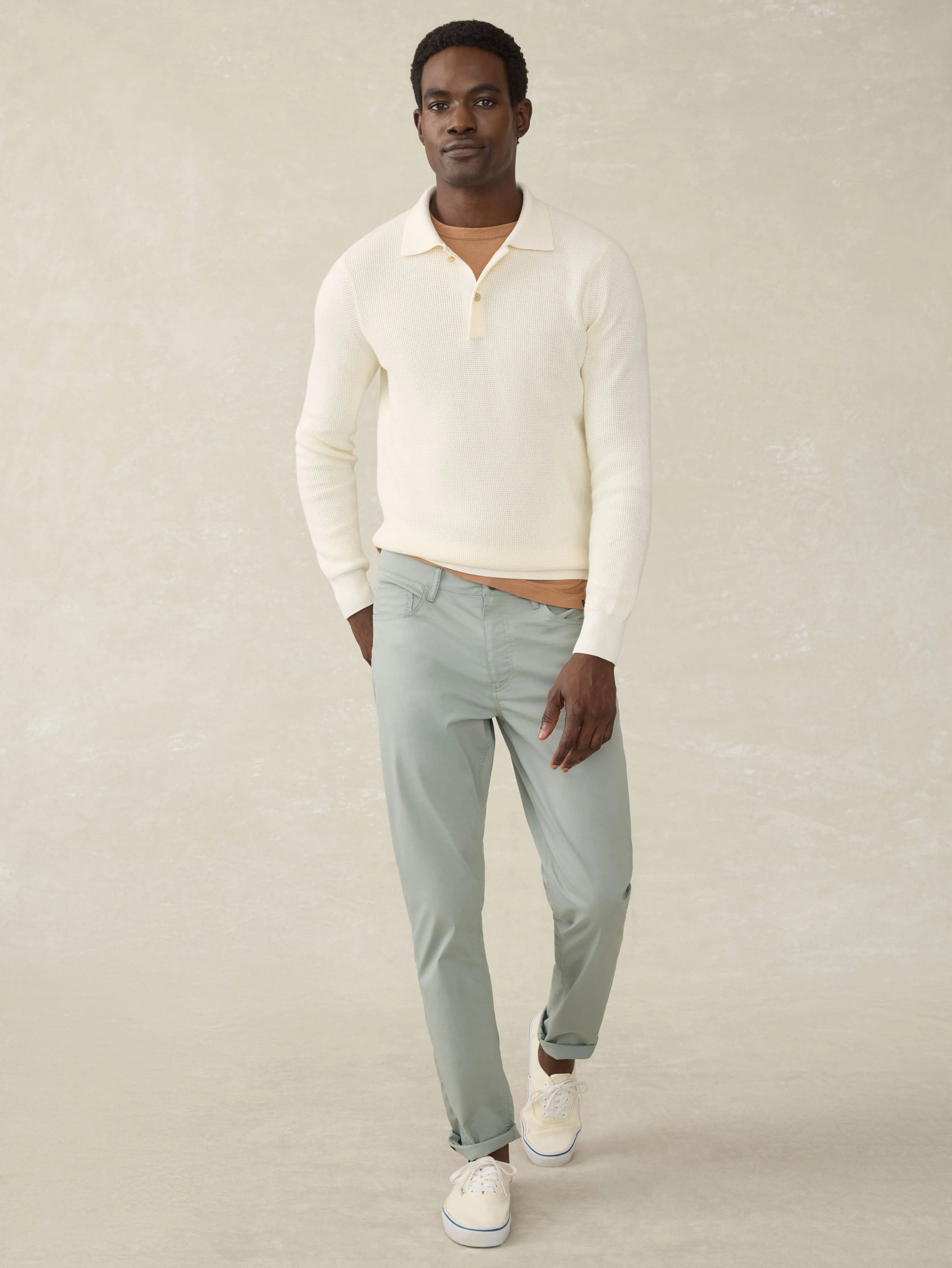 Long-Sleeve Sunwashed Sweater Polo - White Shell sold by Faherty