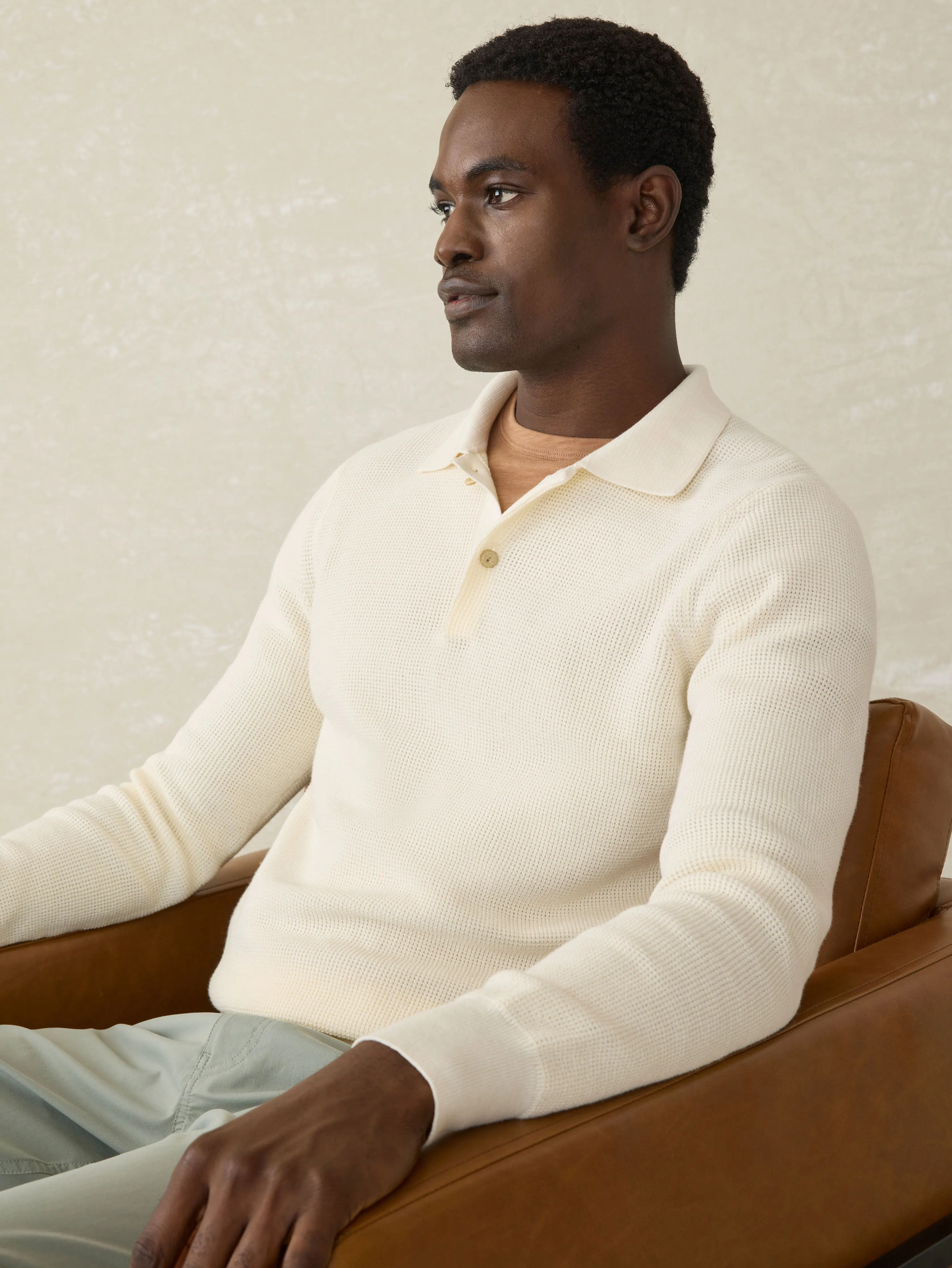 Long-Sleeve Sunwashed Sweater Polo - White Shell sold by Faherty product image thumbnail 3