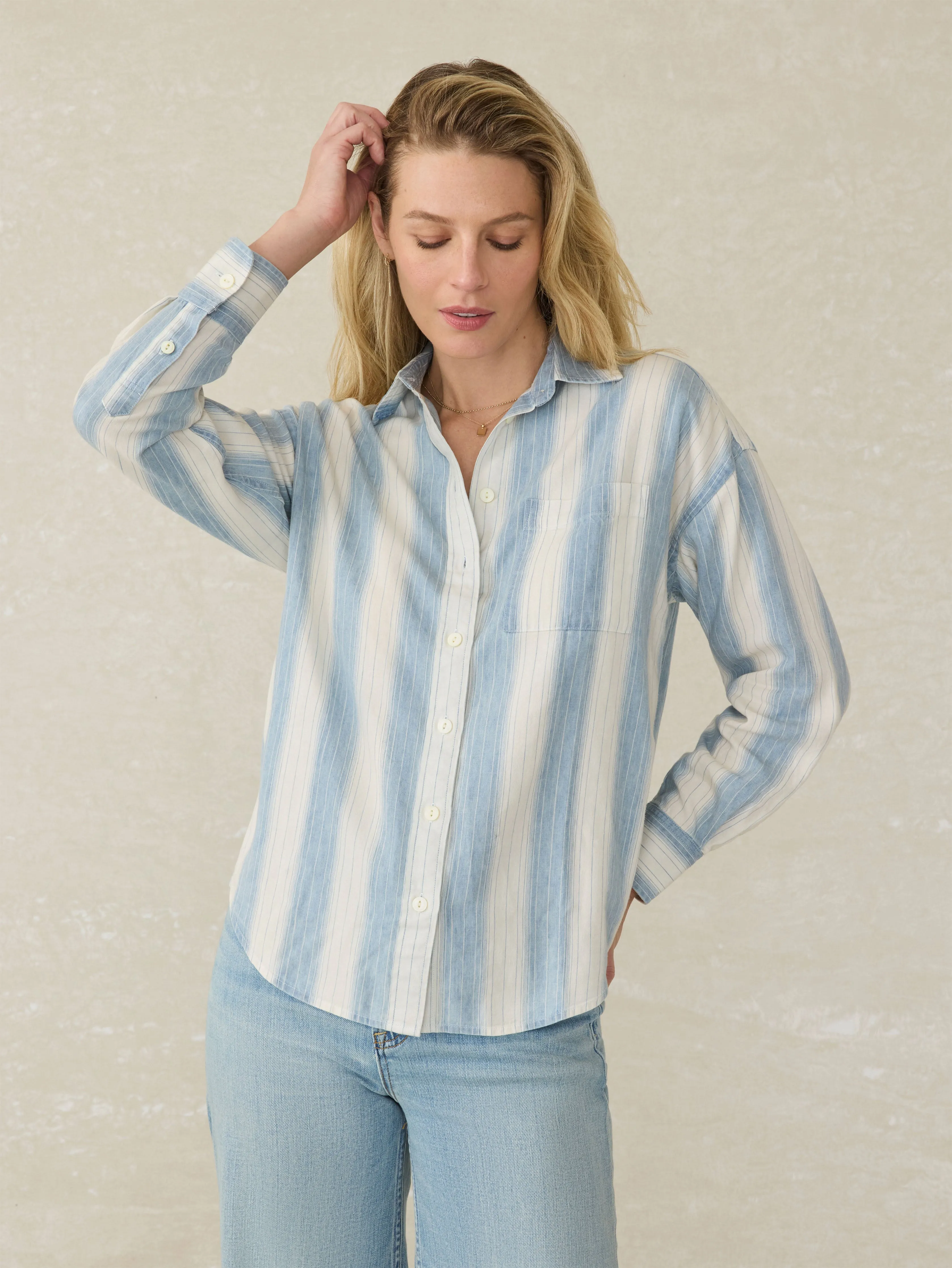 Tried & True Chambray Relaxed Shirt - Ocean Oasis Stripe sold by Faherty