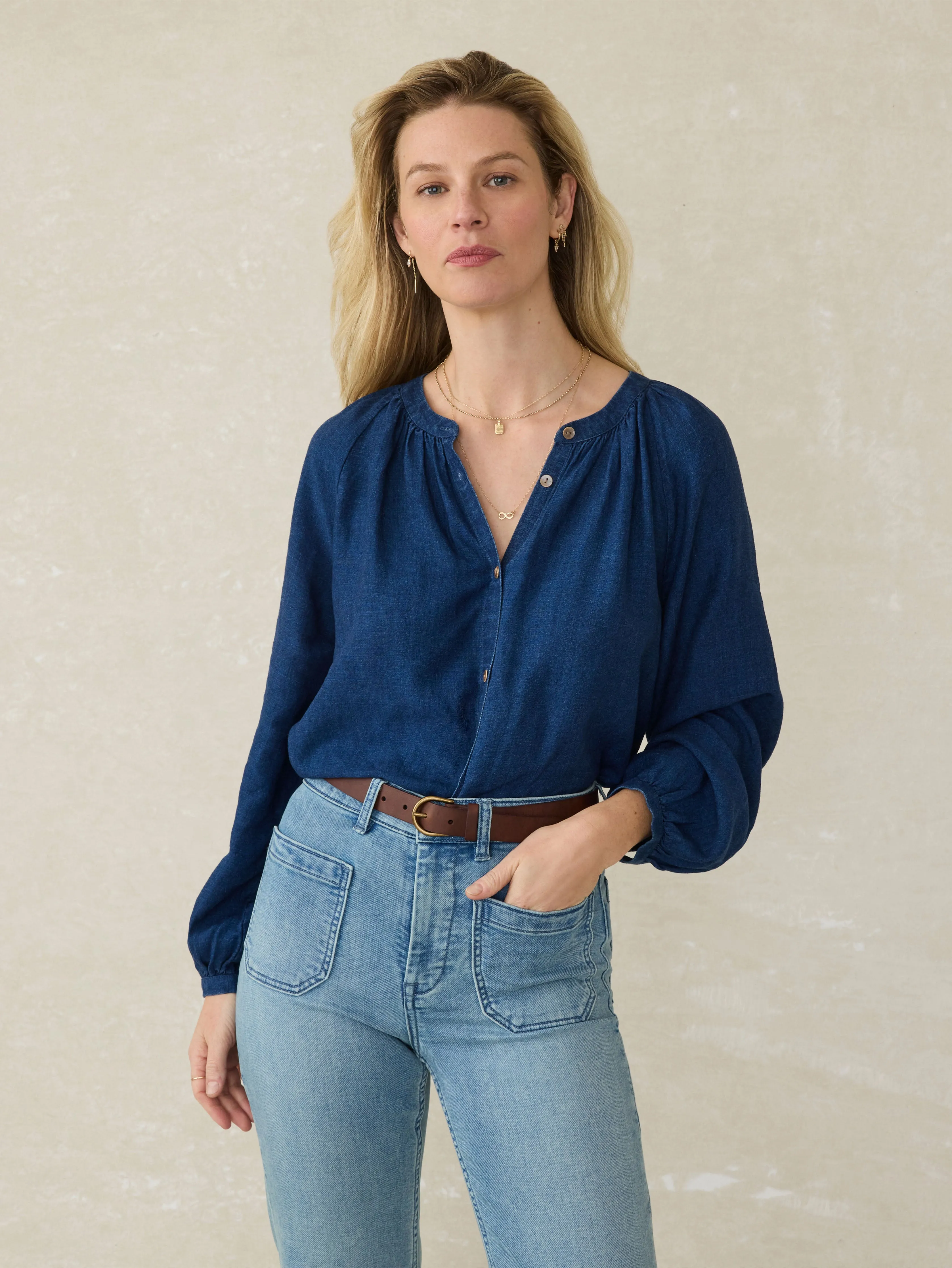 Tried & True Easton Blouse - Deep Lagoon Wash sold by Faherty