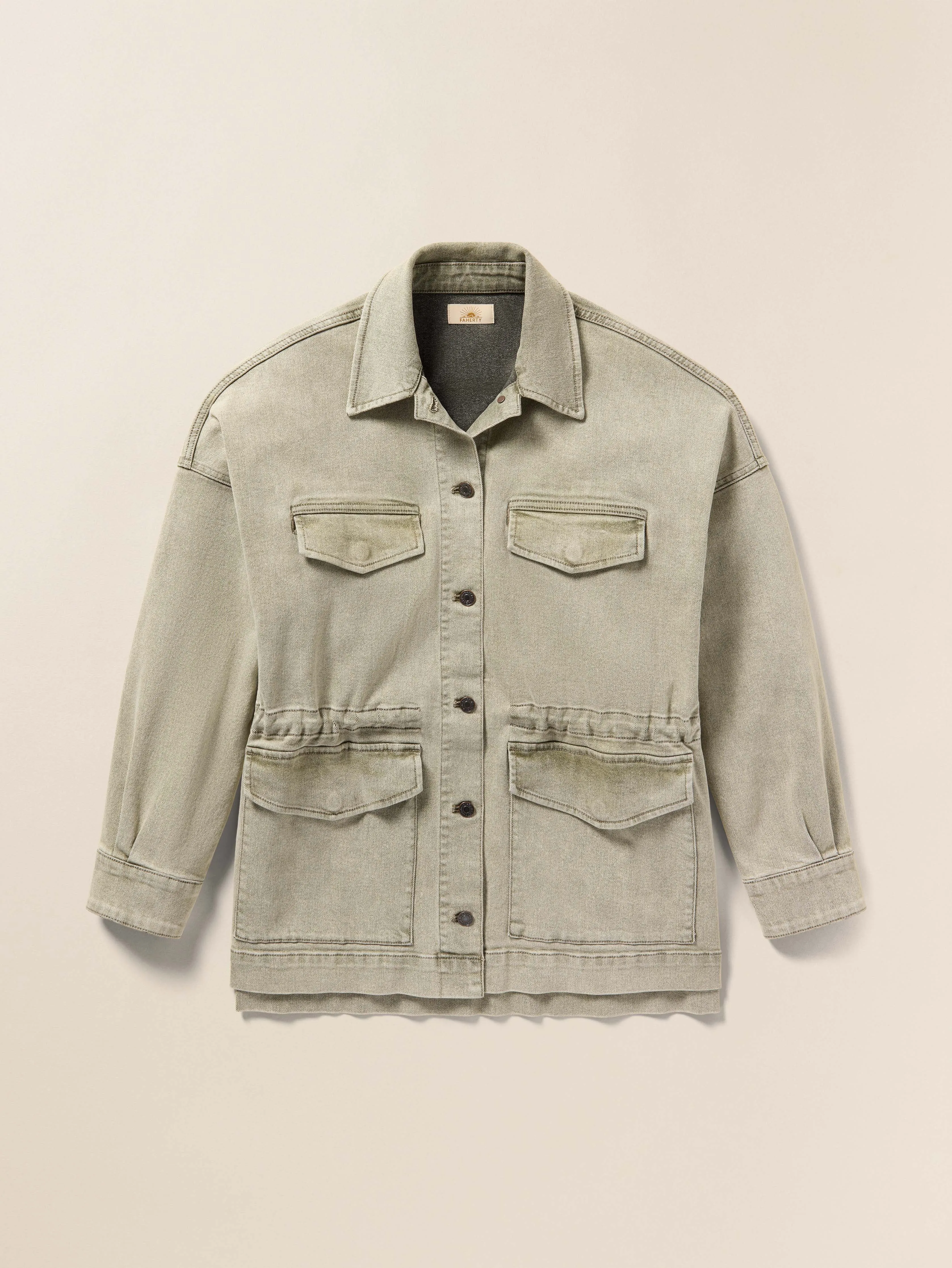 Sunwashed Denim Utility Jacket - Olive Haze Wash sold by Faherty