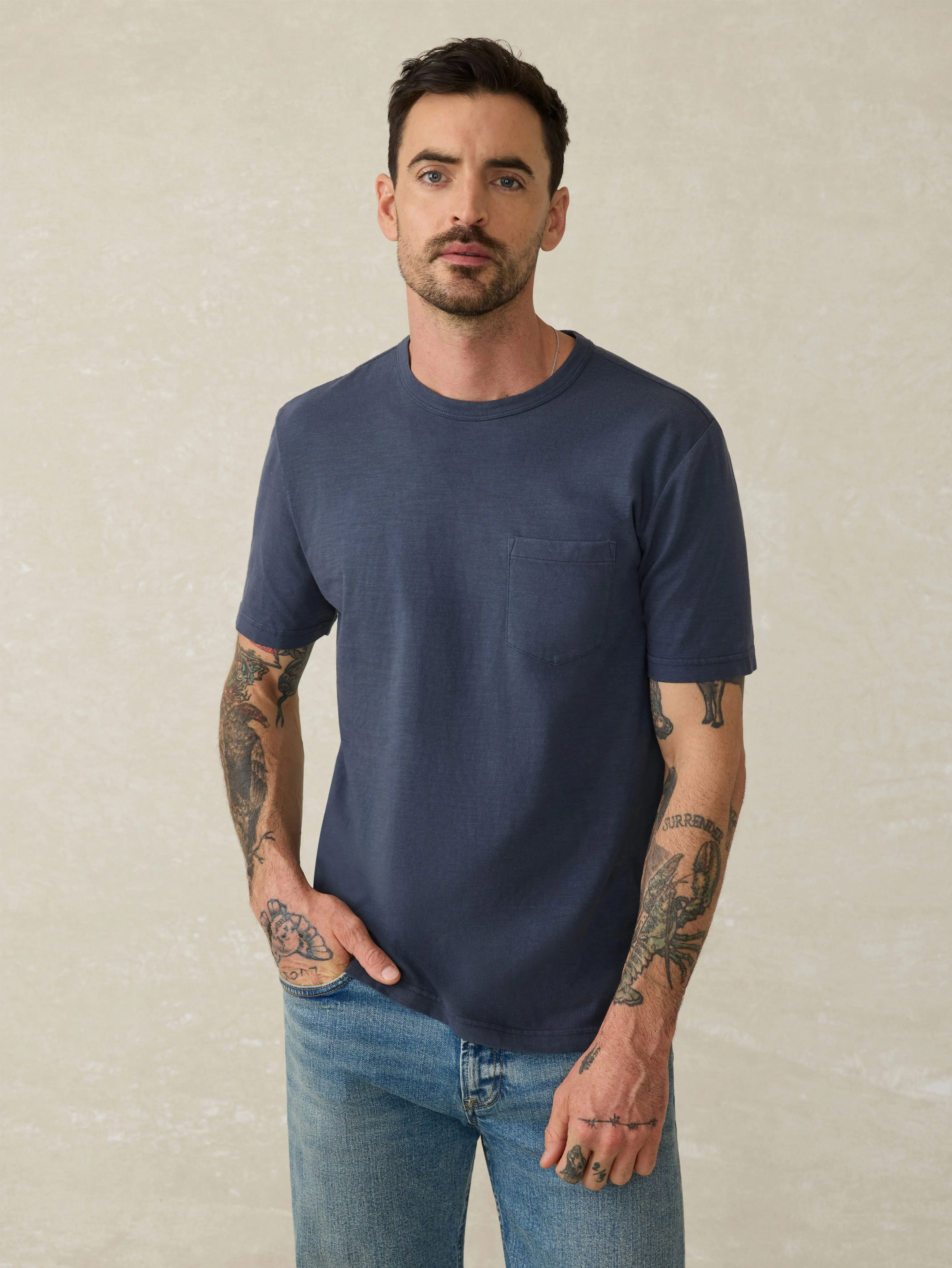 Sunwashed Regenerative Pocket Tee - Dune Navy sold by Faherty