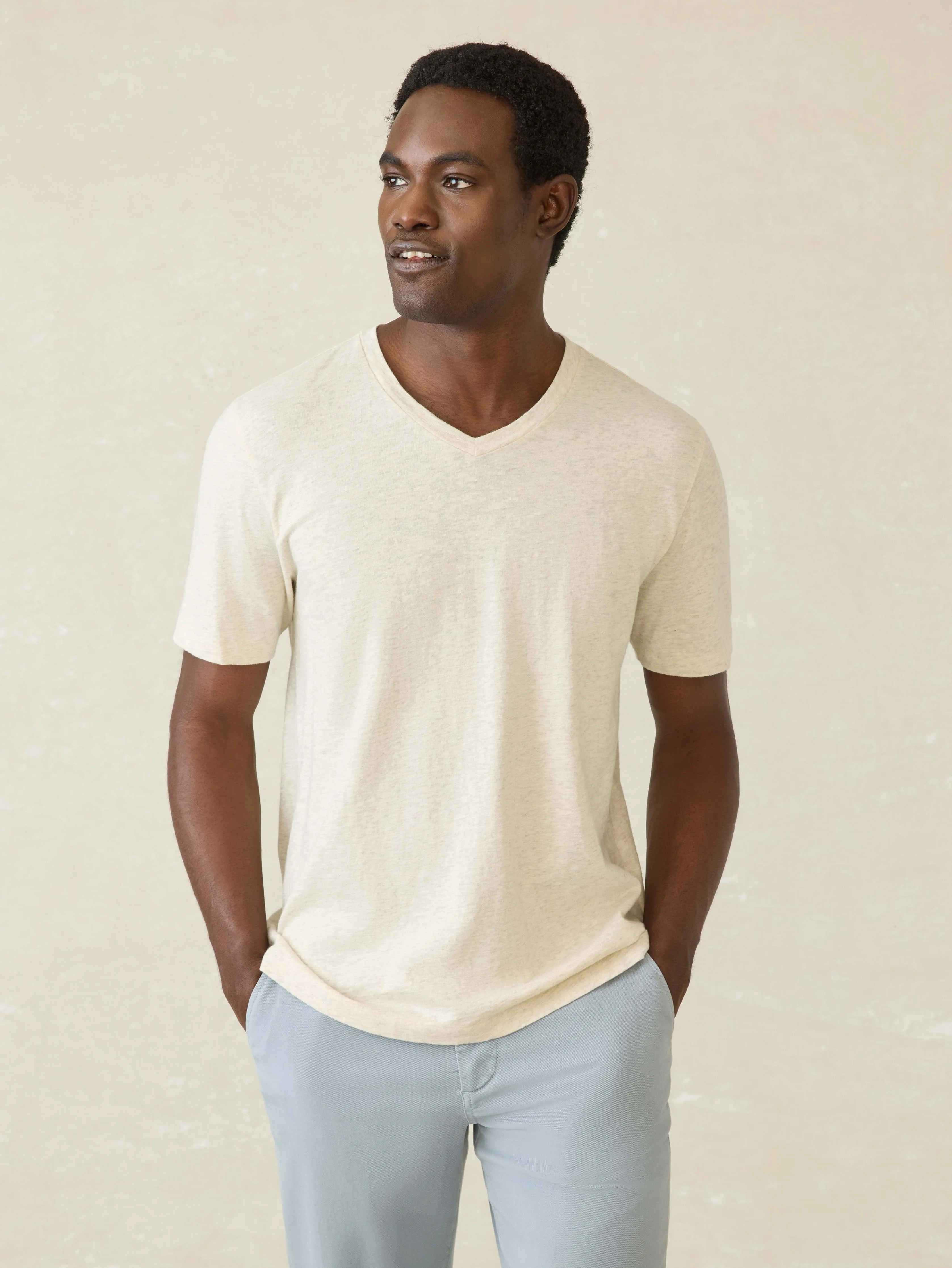 Short-Sleeve Sunwashed Regenerative Cotton V-Neck Tee - Island Dune Heather sold by Faherty