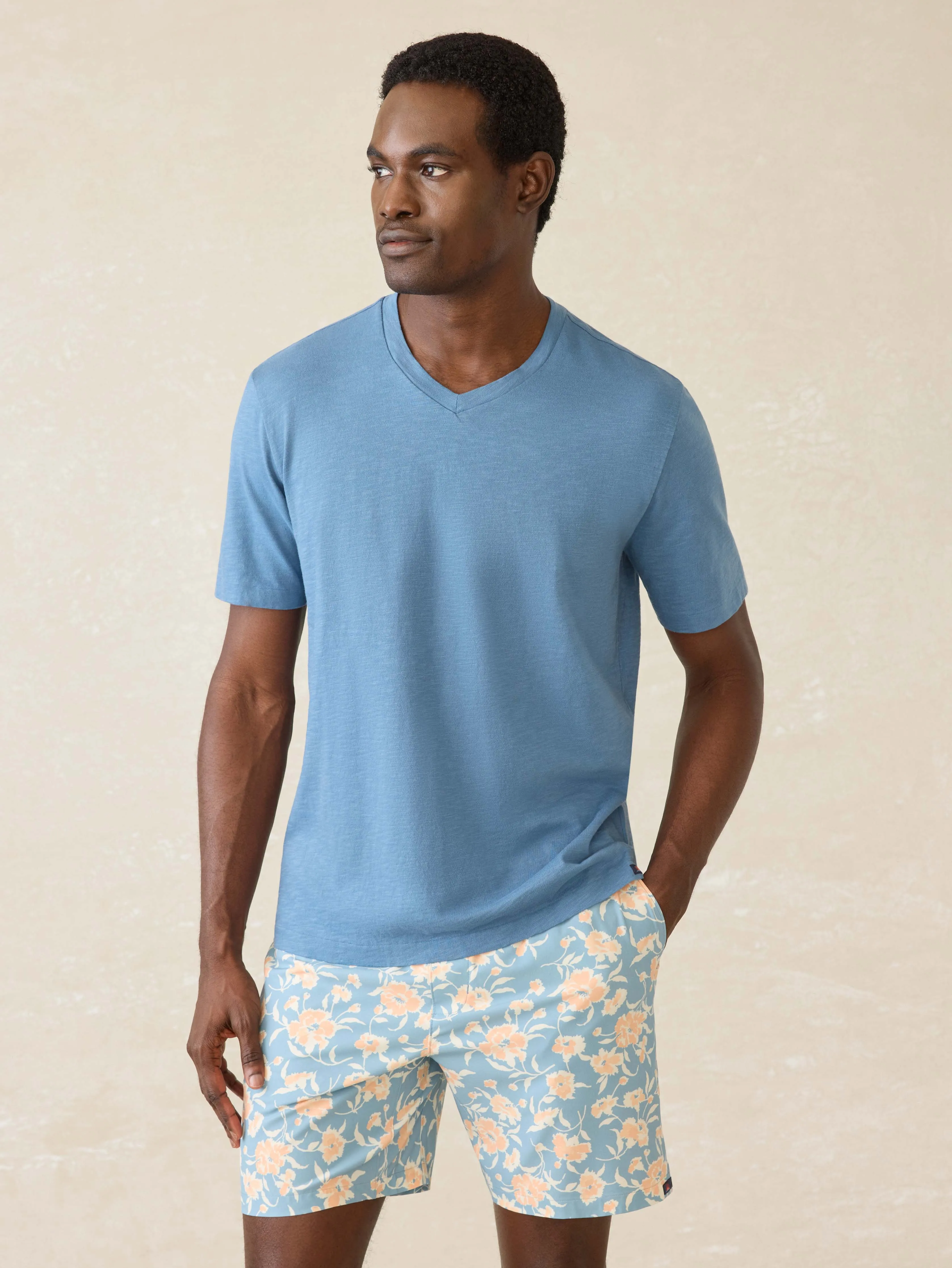 Short-Sleeve Sunwashed Regenerative Cotton V-Neck Tee - Blue Shore sold by Faherty