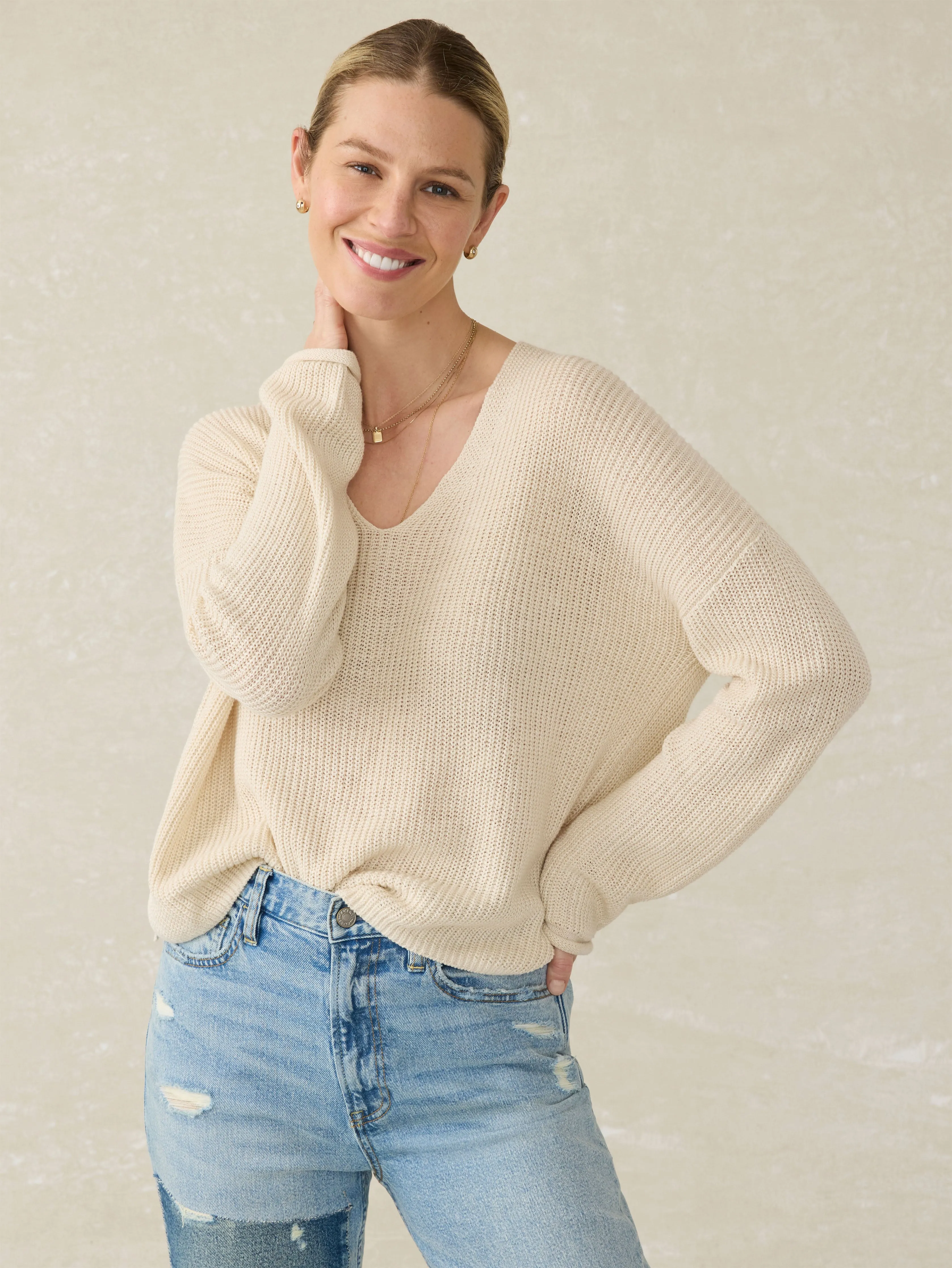 Miramar Linen V-Neck Sweater - Summer Sand sold by Faherty