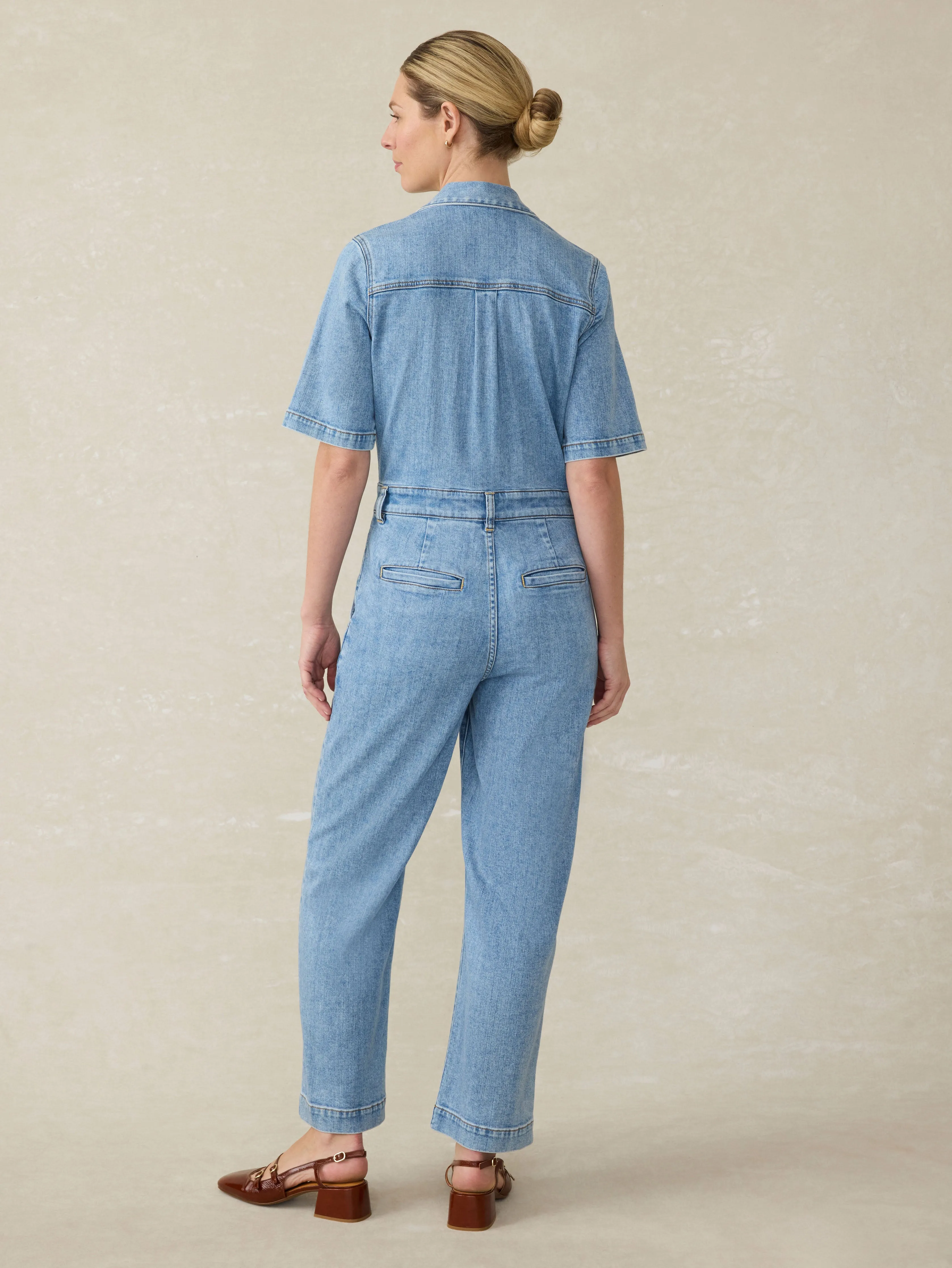 Short-Sleeve Denim Michelle Jumpsuit - Cloudlight Wash sold by Faherty product image thumbnail 5