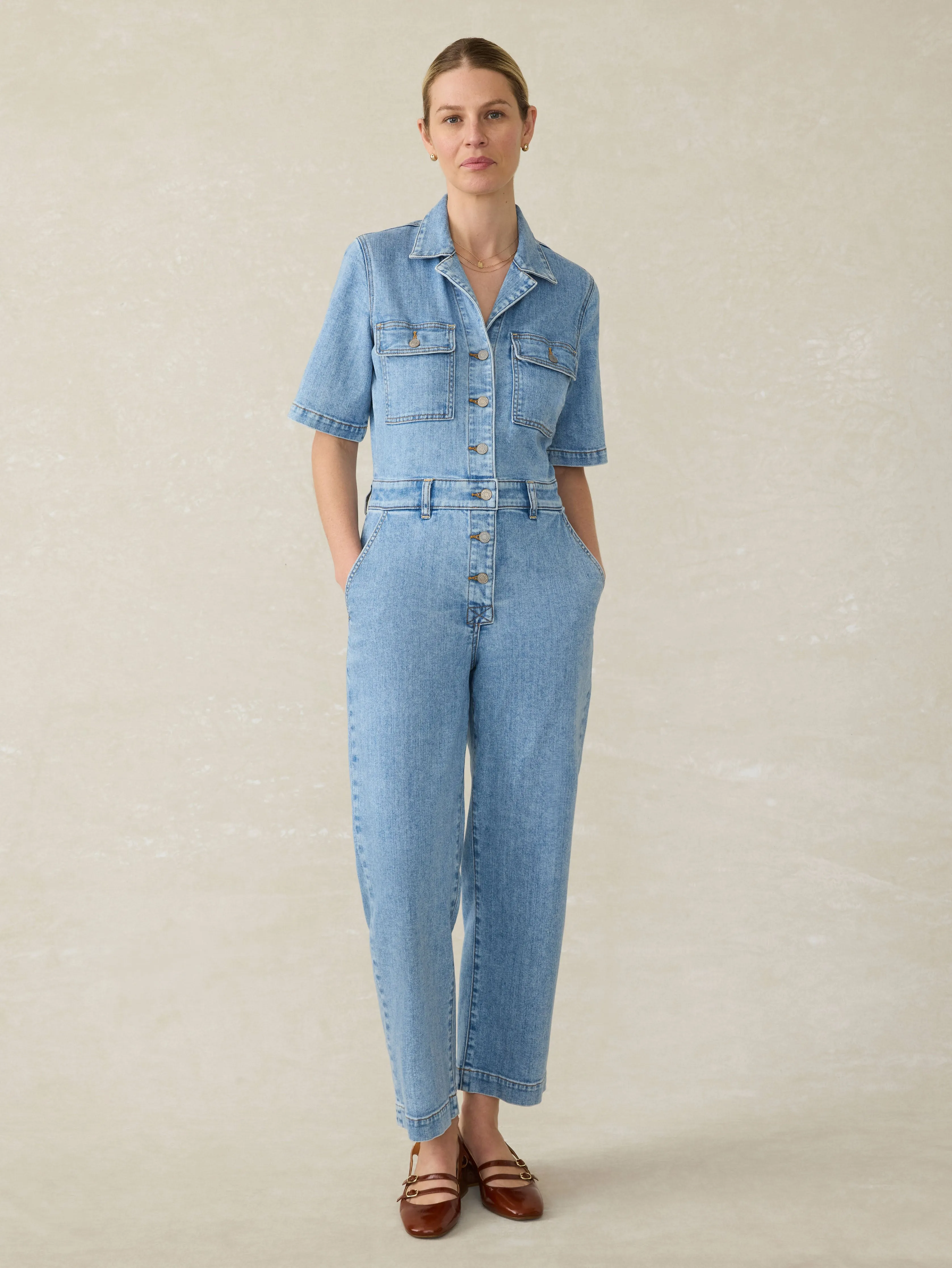 Short-Sleeve Denim Michelle Jumpsuit - Cloudlight Wash sold by Faherty product image thumbnail 3