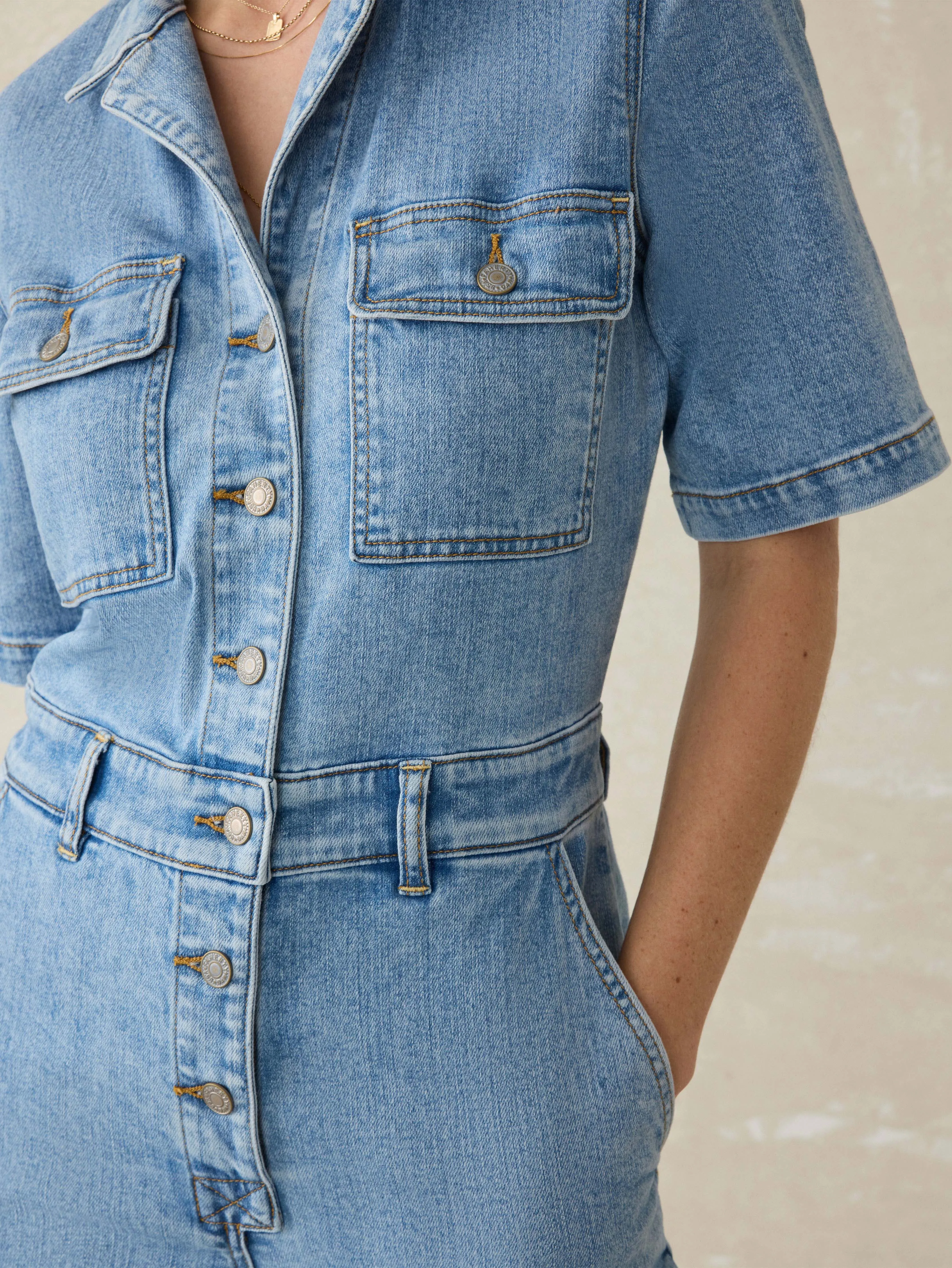 Short-Sleeve Denim Michelle Jumpsuit - Cloudlight Wash sold by Faherty product image thumbnail 2