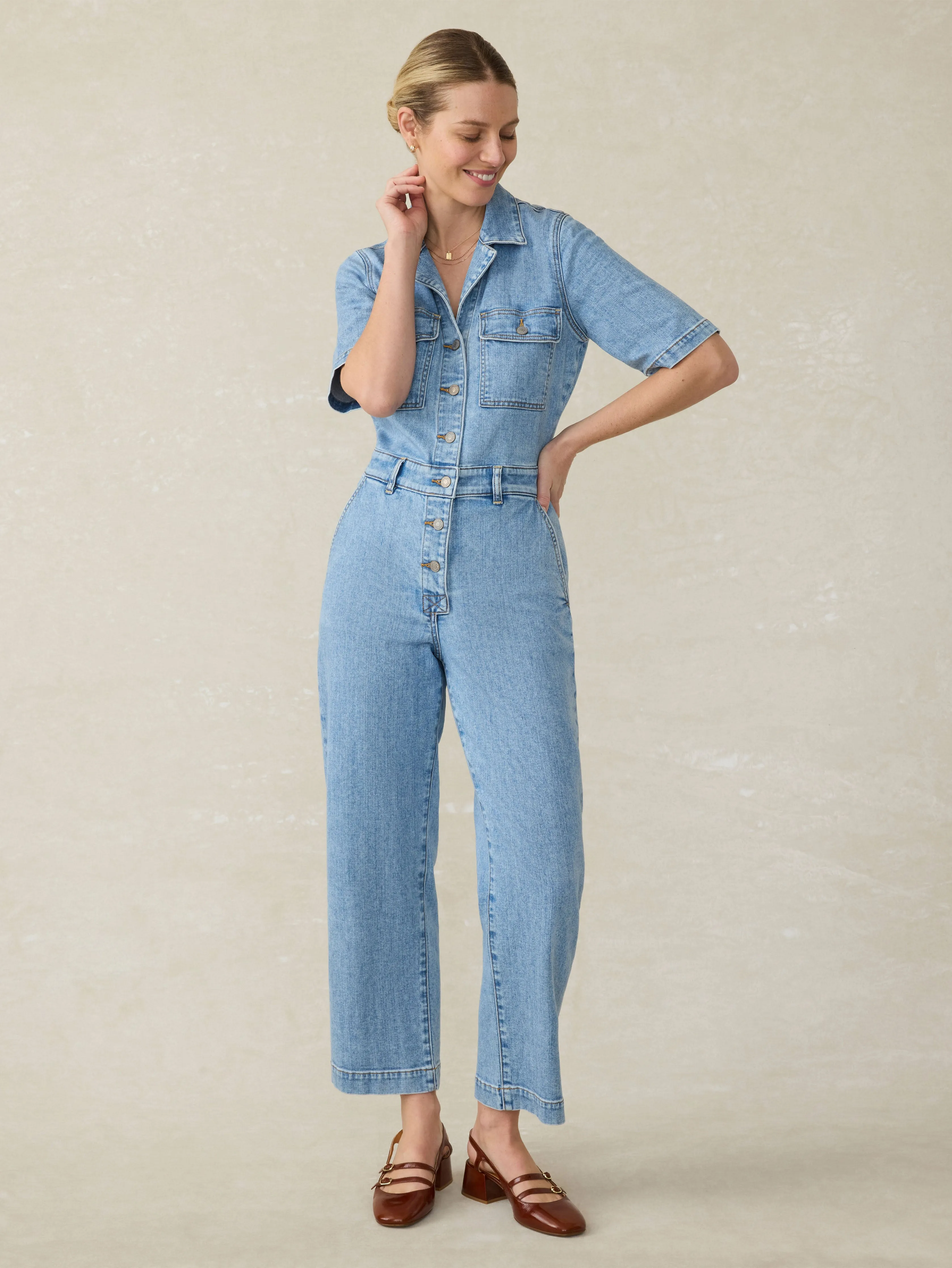 Short-Sleeve Denim Michelle Jumpsuit - Cloudlight Wash sold by Faherty