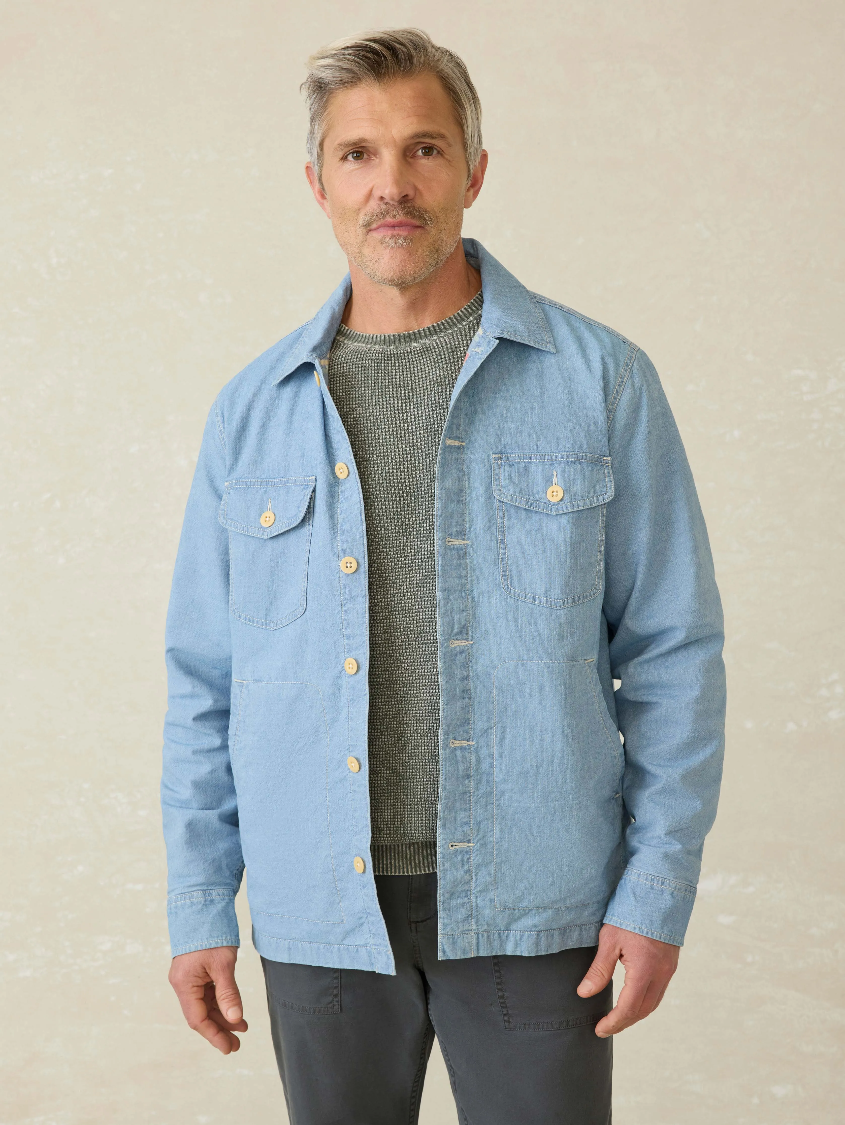 Doug Good Feather Indigo Herringbone Shirt Jacket - Blue Haven Wash sold by Faherty