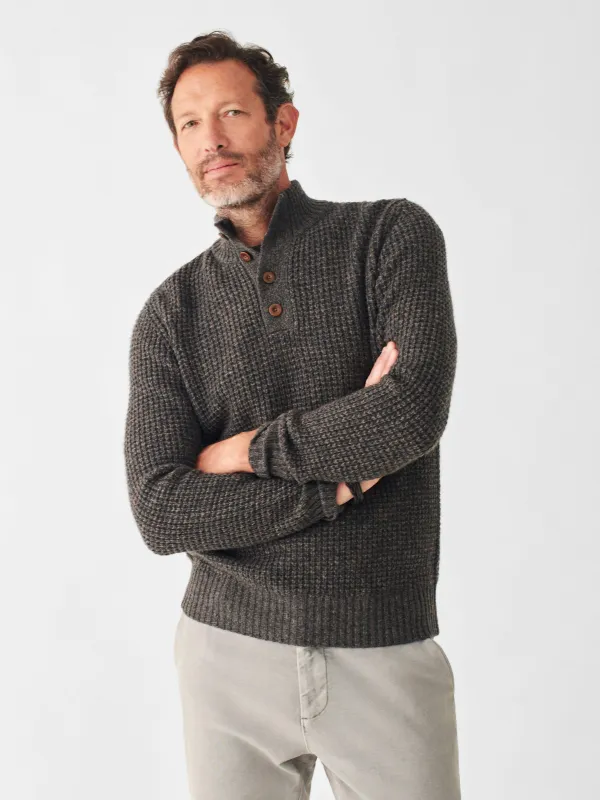 Cashmere Wool Quarter Button Sweater - Charcoal Melange sold by Faherty